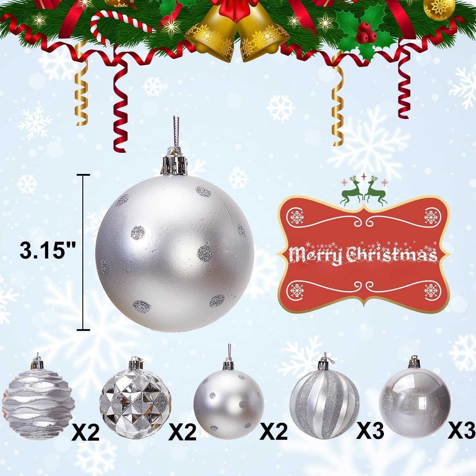 Lot de 12 boules de Noël décoratives à suspendre en plastique incassable - 80 mm - Argenté