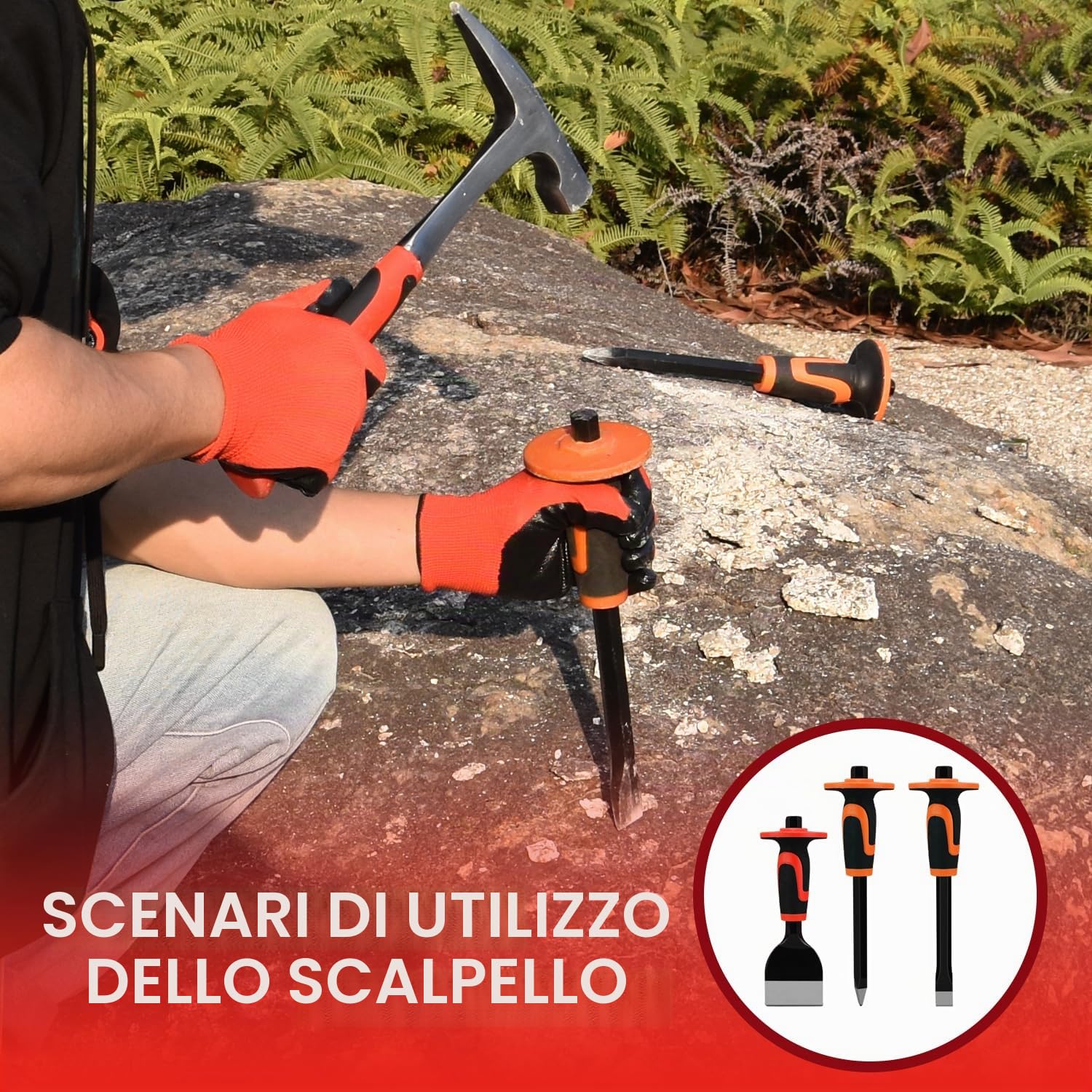 Airless SJG Set di 3 Scalpelli Scalpello Piatto Muratore, mattoni e pietre,Muratore Piatto con Paracolpo,Scalpello da Muratore Piastrelle