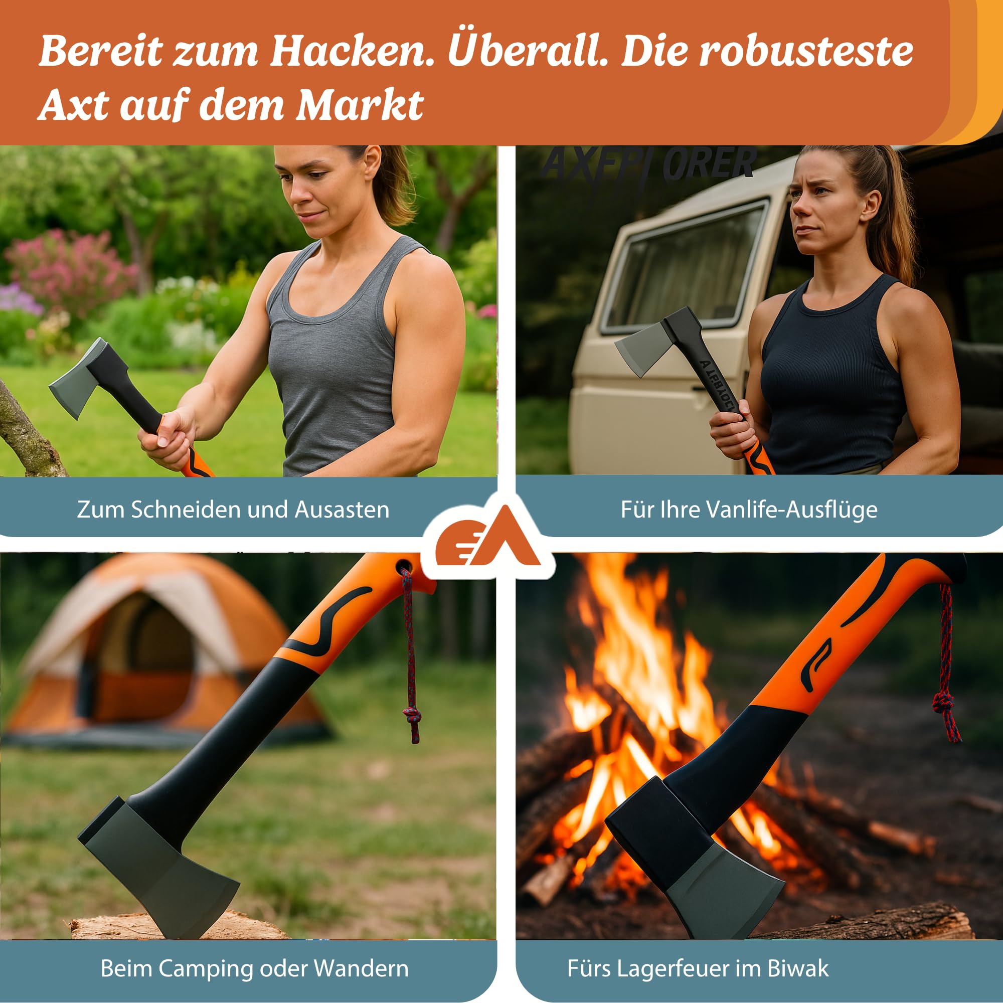Axeplorer Axt 38 cm Bushcraft Spaltaxt mit Carbonstahlklinge, rutschfestem Griff, Klingenschutz, Karabiner & Seil – Camping Outdoor Beil, Survival Machete, Vanlife Werkzeug, holzspalter axt
