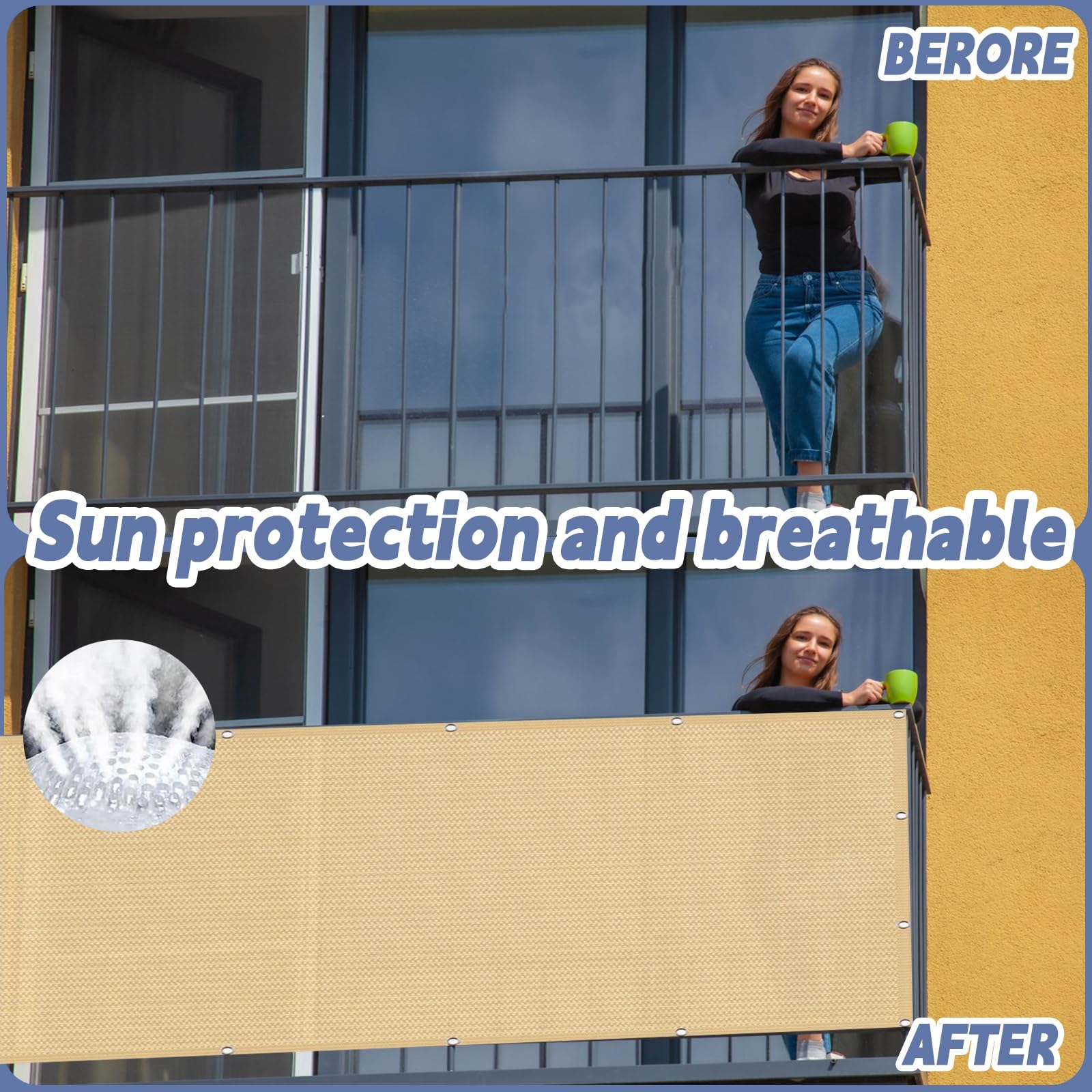 Brise Vue Balcon Extérieur 130 x 300 cm HDPE 220G/M², Protection Contre Soleil, Résistant Aux Intempéries Écran de Confidentialité pour Balcon pour Jardin Patio, Jaune Sable