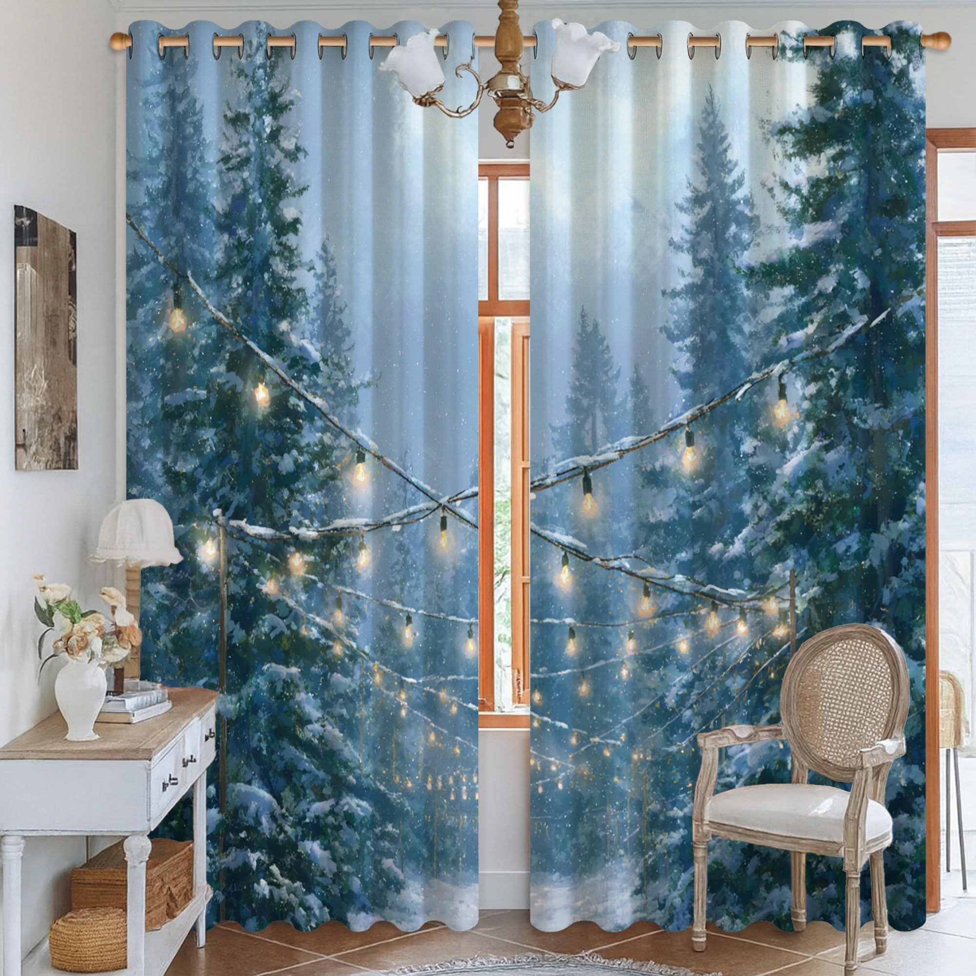 Verdunkelungsvorhänge, Kiefernbäume, rustikale Lichterkette, Schnee, Winter, blau, maschinenwaschbar, Fenstervorhang für Schlafzimmer, Kinderzimmer, Dekoration, 132 x 244 cm