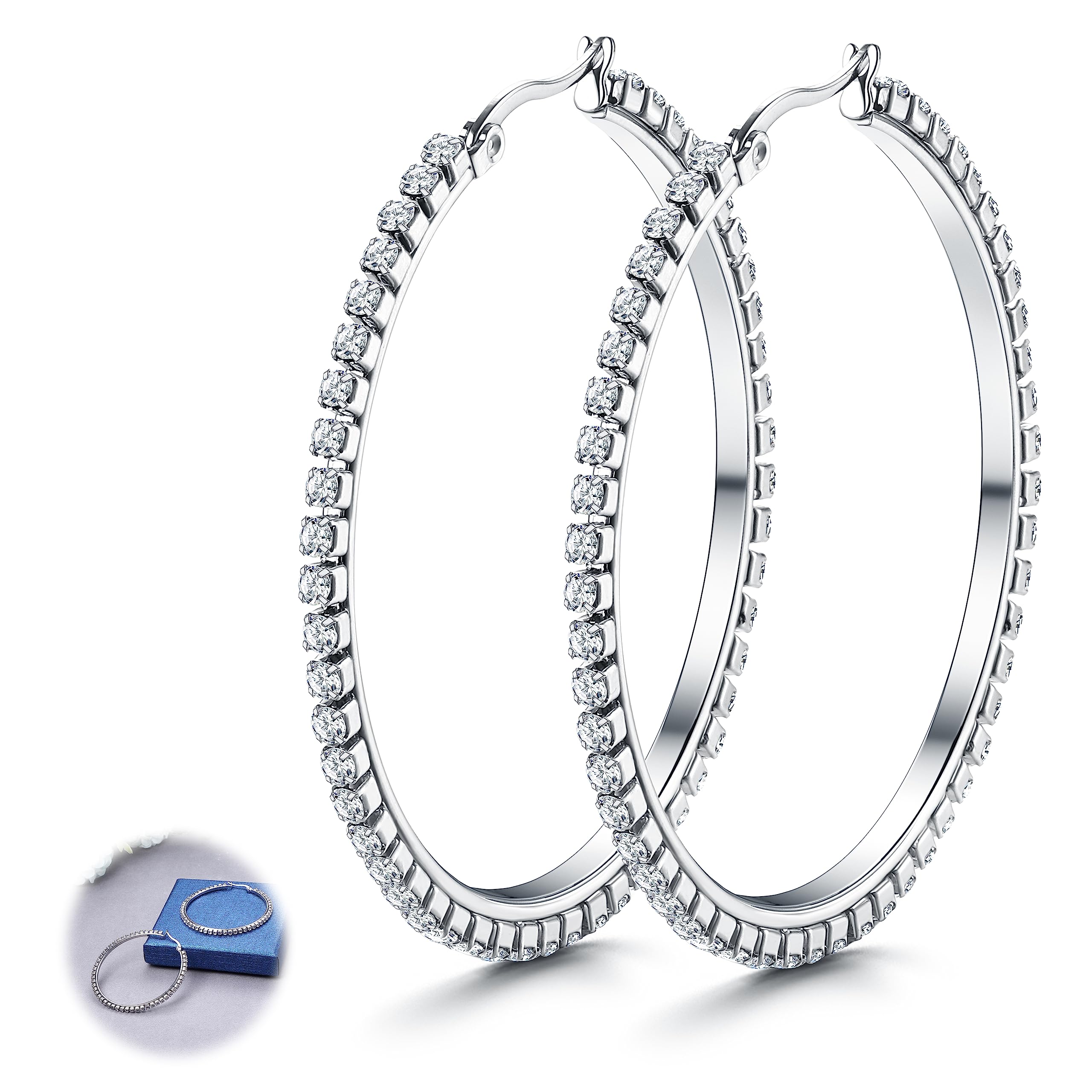 YADOCASilver Hoop Earrings for Women & Girls - Lightweight Sparkly Cubic Zirconia Hoops - Large Hypoallergenic Big Silver Hoops - 30/40/50/60mm - Gift Box Included
