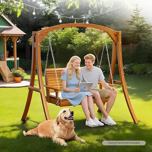 Miniatura 7 de VINGLI Columpio de porche para exteriores de 4 pies, columpios de madera resistentes para patio de 880 libras con cojines, banco colgante estilo