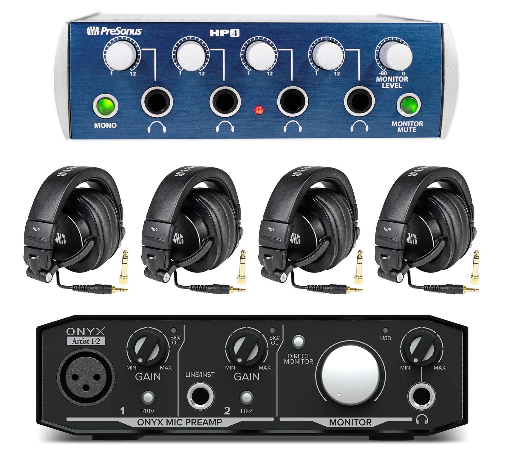 Audiosavings Bundle: HP4 Headphone Amplifier Bundle with (4) HD9 Studio Headphones and 2x2 USB Audio Recording Studio Interface (2 Items)