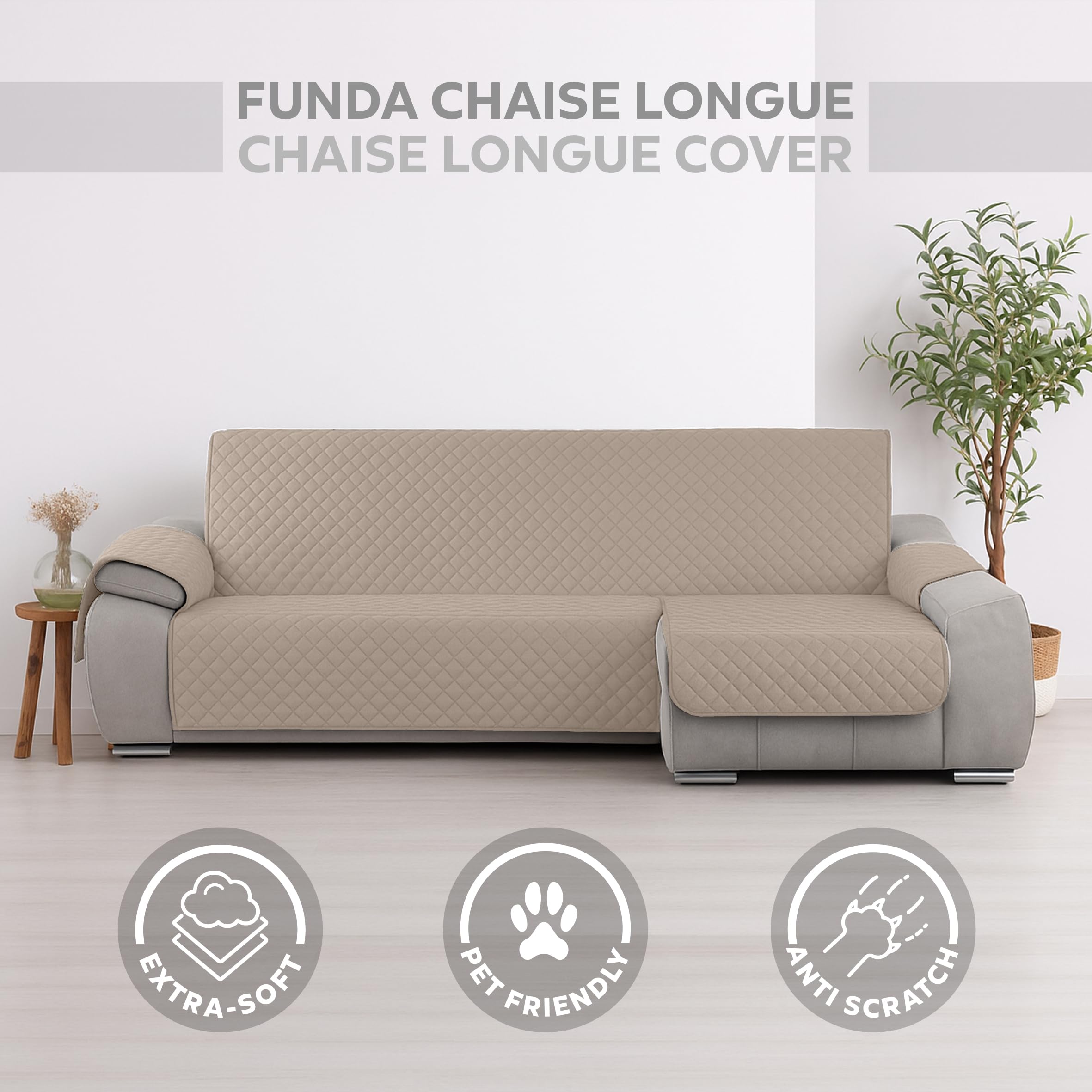 Textilhome Copri divano con Penisola Destro, Copridivano Chaise Longue CIRCUS – Salvadivano Trapuntato Universale con Bracciolo, Antimacchia, 200 cm, Beige