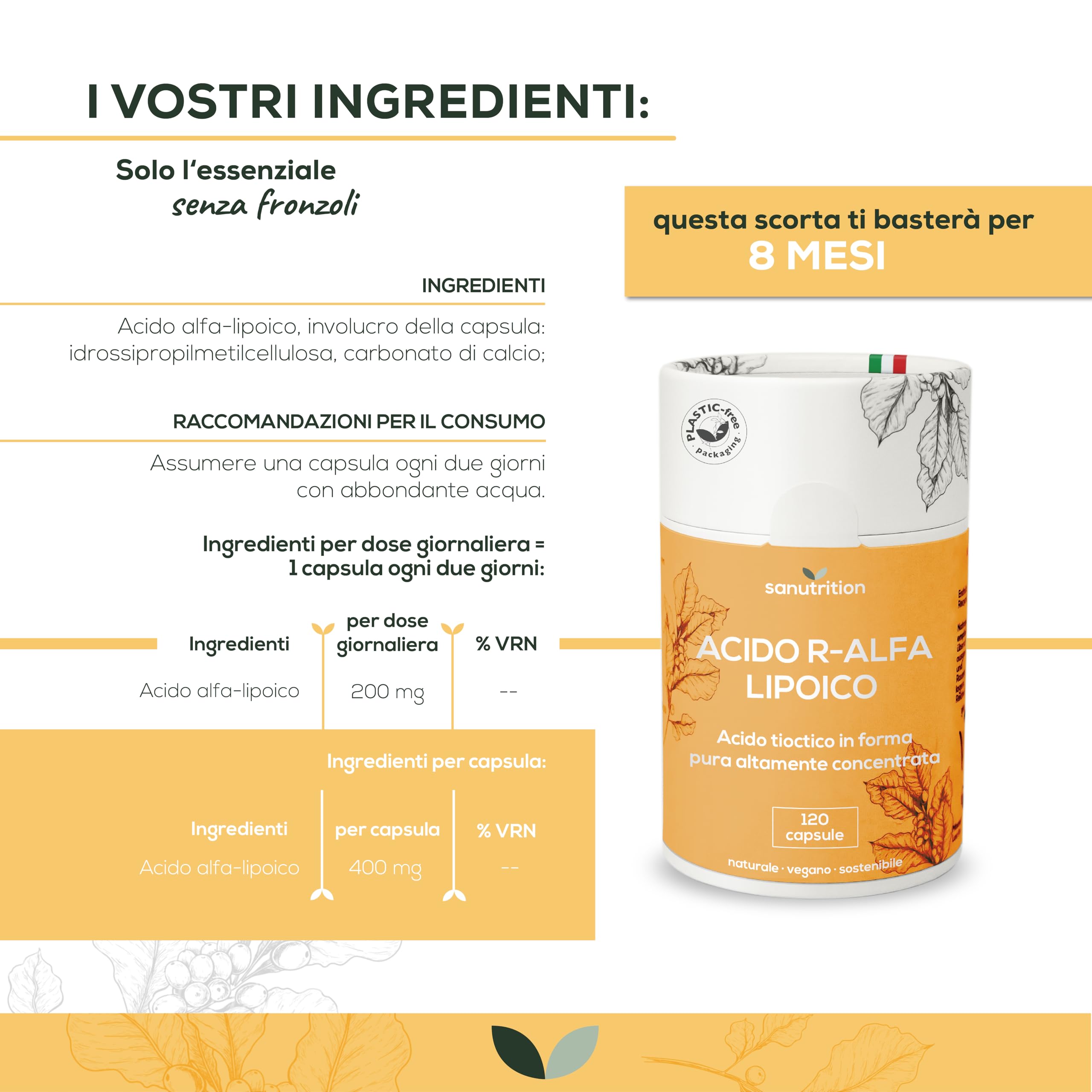 Acido Alfa-Lipoico 400 mg per capsula | 120 capsule | Alta concentrazione e vegano | 100% confezione in carta