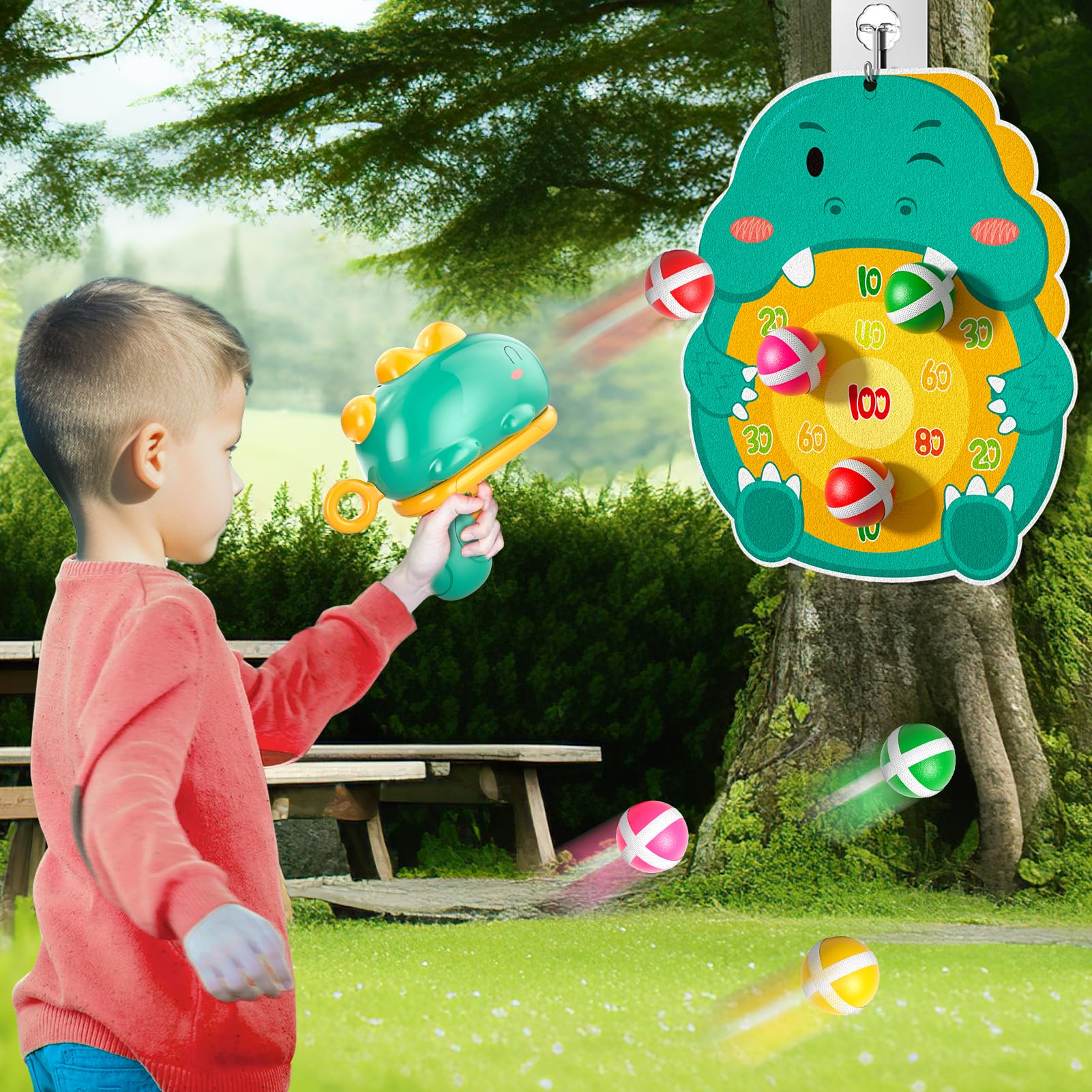 KukuFun Kinder Dinosaurier Schießspiel Spielzeug für 3-6 Jahre alte Jungen, 12 klebrige Bälle, 1 Dinosaurierwerfer, 1 Brett, Indoor & Outdoor Spielzeug für Jungen