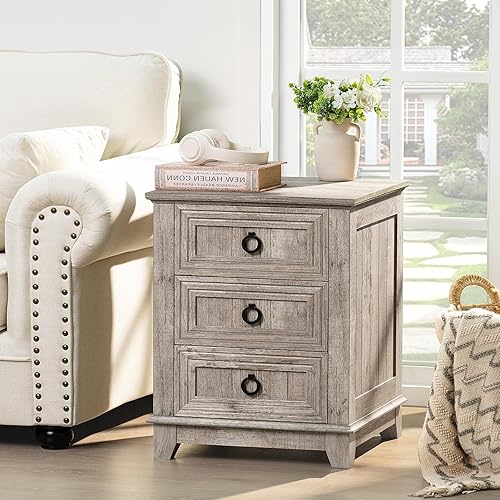 Miniatura 57 de Juego de 2 mesitas de noche estilo granja de 18" con estación de carga, cómoda con mesa auxiliar de 2 cajones para dormitorio, mesita de noche de