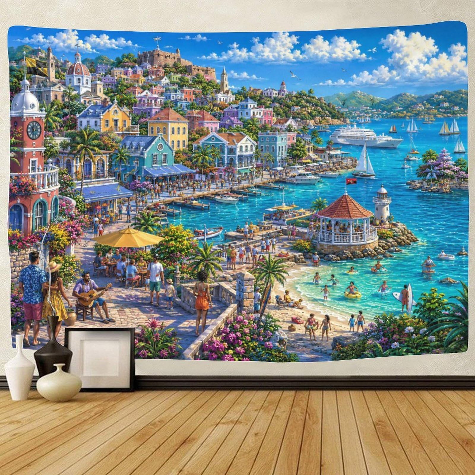GPMNBCXZK Caribbean Coastal City 3D Print Wall Hanging Decor Tapestry Wall Art Decor Tapestries Poster Home Decoration Bedroom Dorm 70cmx100cm