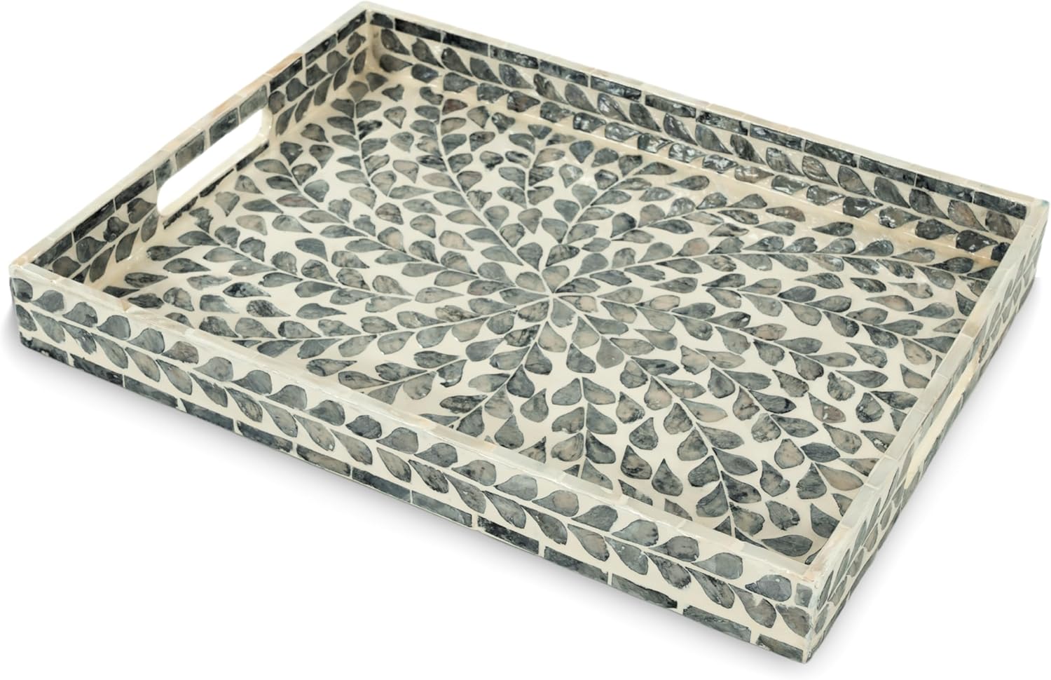 CLAYNIX Serving Tray 15.7" X11.8", Lacquer Mother of Pearl Inlay Mosaic Tray, Rectangle Wooden Marble Tray with Handles Trays for Tea, Breakfast in Bed, Table (Black Leaf) - Image 3