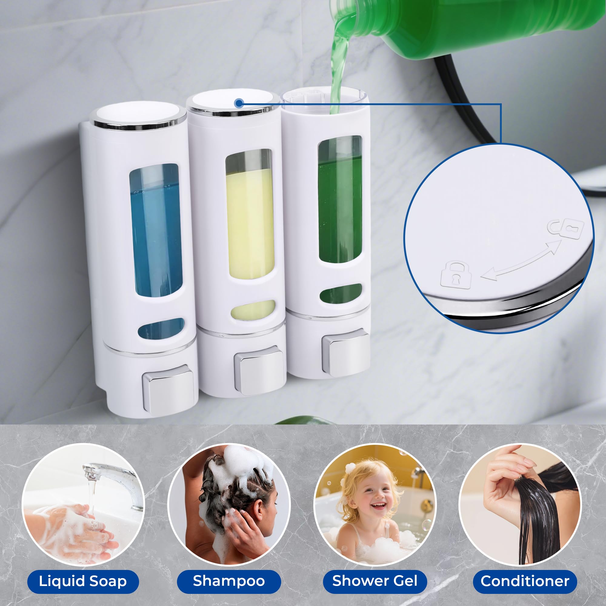 Dispensador de jabón, 3 cámaras de 400 ml, montado en la pared, sin taladro, color blanco