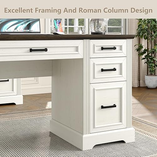 Miniatura 7 de Furniouse Escritorio ejecutivo de 58 pulgadas, escritorio para computadora de granja con cajones y gabinete con estación de carga, escritorio de