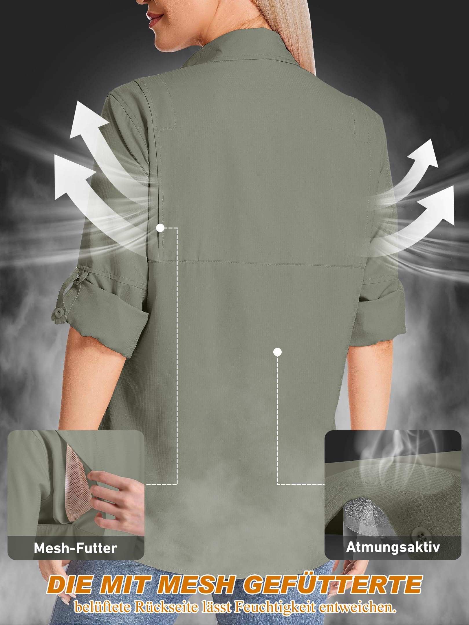 Camicia da Safari a Maniche Lunghe da Donna - Tessuto Traspirante ad Asciugatura Rapida - Protezione Solare UPF - Ideale per Pesca, Escursionismo, Trekking, Campeggio e Viaggi