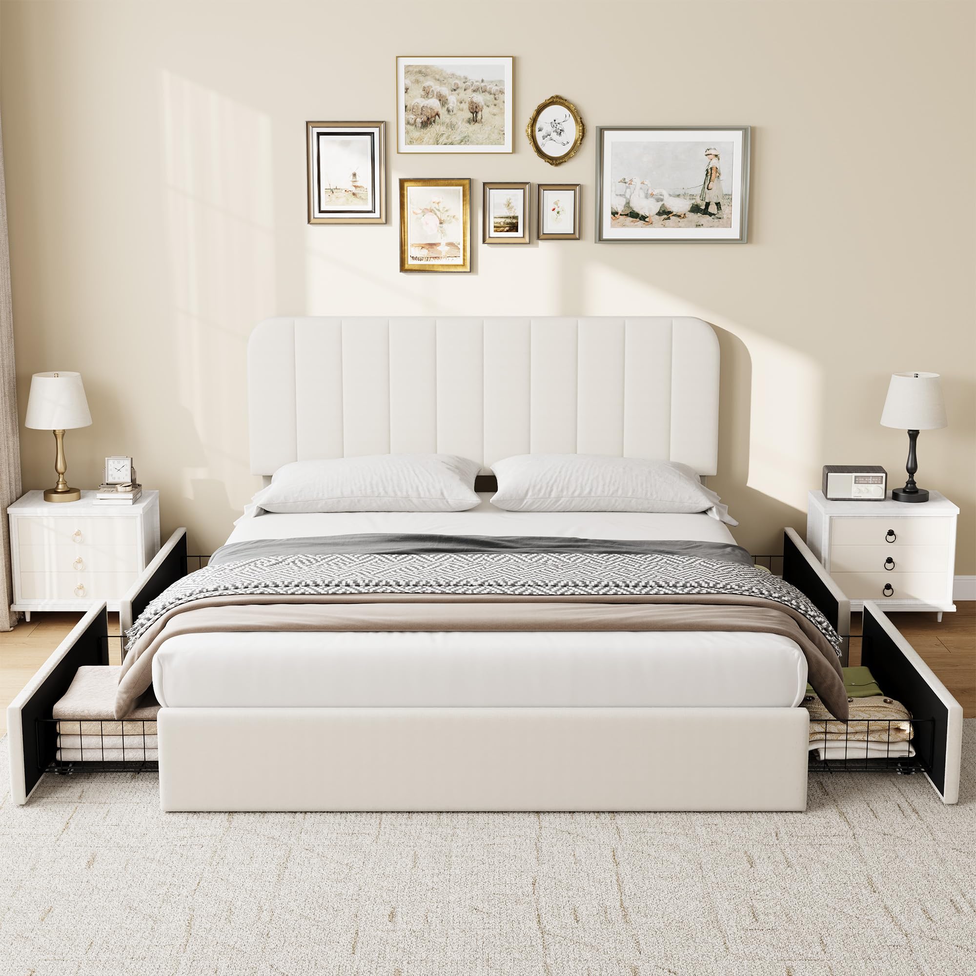 Photo 1 of ***PARTIAL SET/ONE BOX ONLY****Garvee Full Size Bed Frame with 4 Drawers, Upholstered Velvet Platform Bed with Height Adjustable Headboard, Wooden Slats Support, No Box Spring Needed, Easy Assembly, Beige