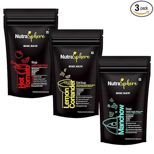 Tomato, Diet Lemon Coriander, Manchow Soup Packets Combo. High Fibre For Weight Management (Instant, Preservative Free, Sugarfree, Gluten Free, Diabetic Friendly)- 10 Sachets