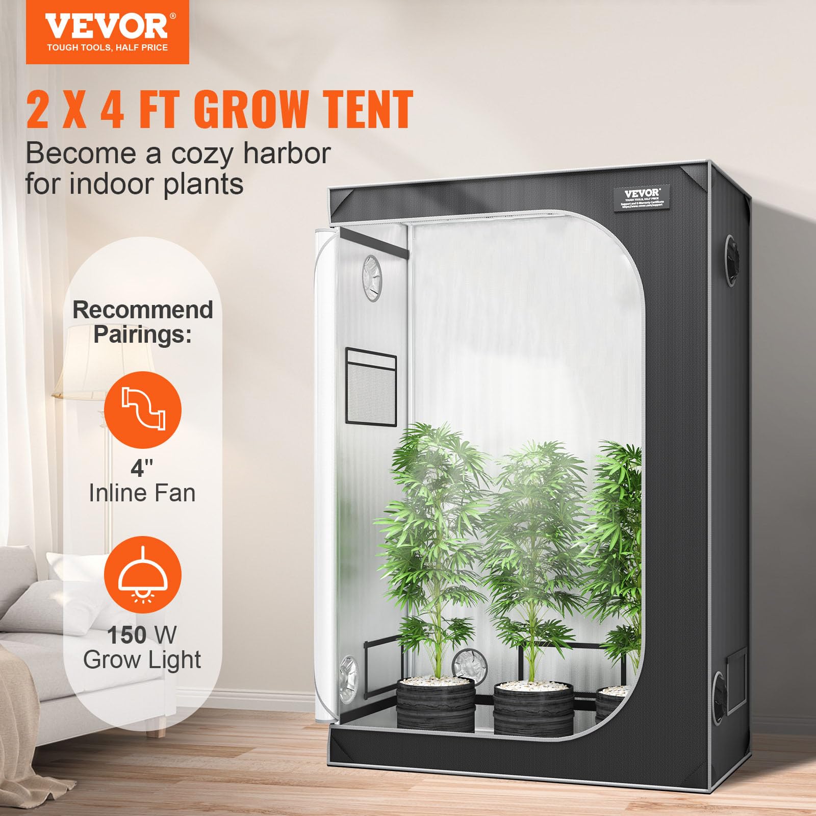 VEVOR Armario de Cultivo 122x61x183 cm Carpa de Cultivo Hidropónico Mylar 2000D Altamente Reflectante con Ventana de Observación, Bolsa de Herramientas, Bandeja de Piso para Cultivo de Plantas