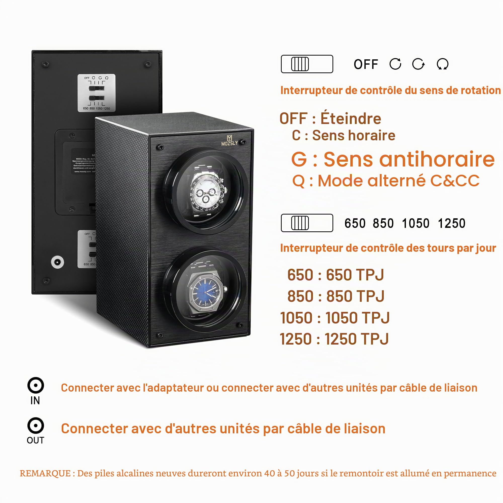 MOZSLY Remontoir pour Montres automatiques Individuelles 12 Modes de Rotation avec Moteur Silencieux en métal argenté, argenté