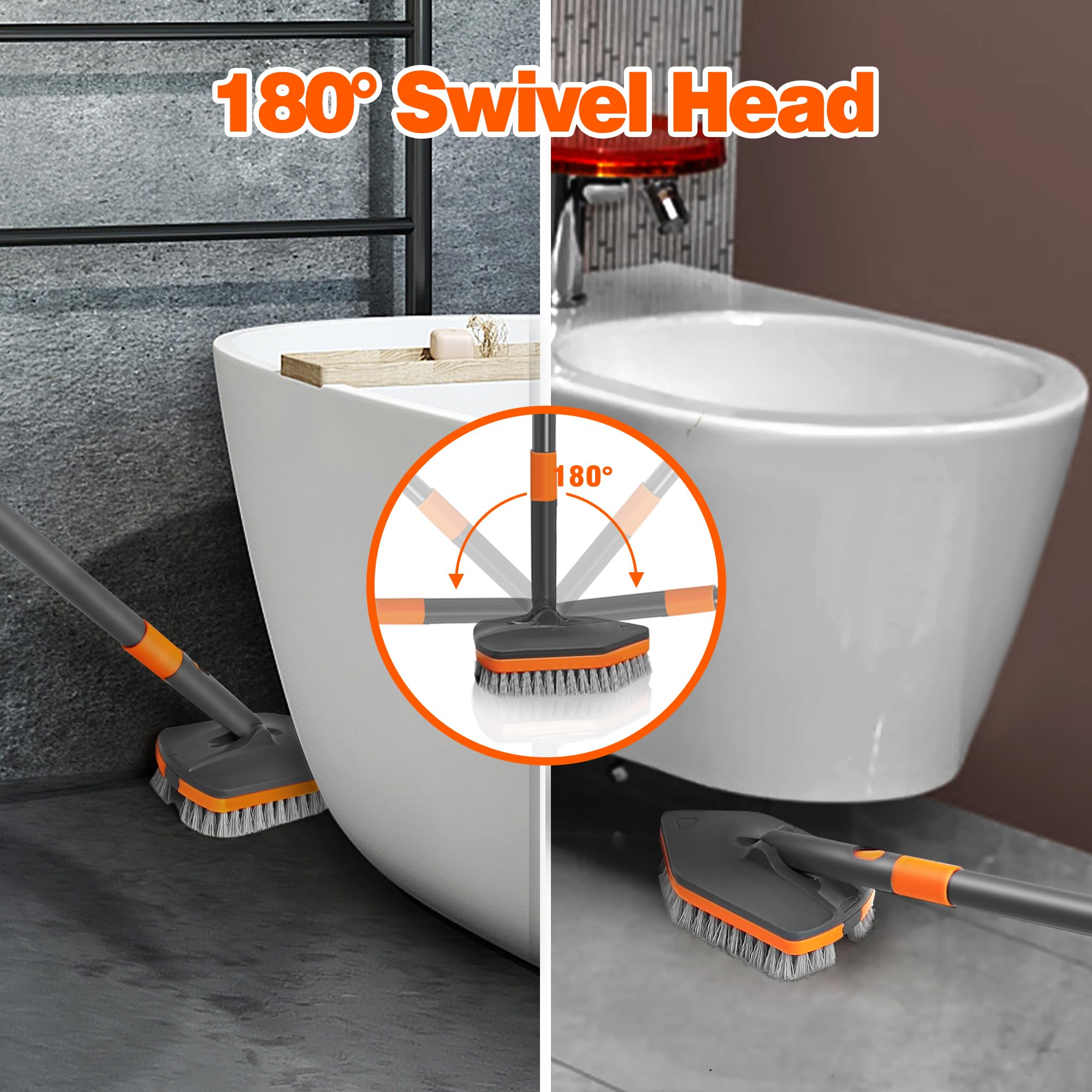 NEWE 3 in 1 Spazzola per la Pulizia della Doccia, Scrubber per Vasca da Bagno con Manico Lungo Telescopico da 142 cm, 4 Testine Sostituibili per Vasca da Bagno Pavimento Lavandino Cucina Toilett