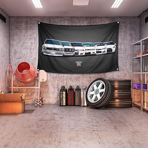 Qasrhibao Tapiz de bandera Nissan Skyline GTR R34, tapiz retro de 3 x 5 pies, tapiz vintage para pared de automóvil, tapiz de pared de poliéster,