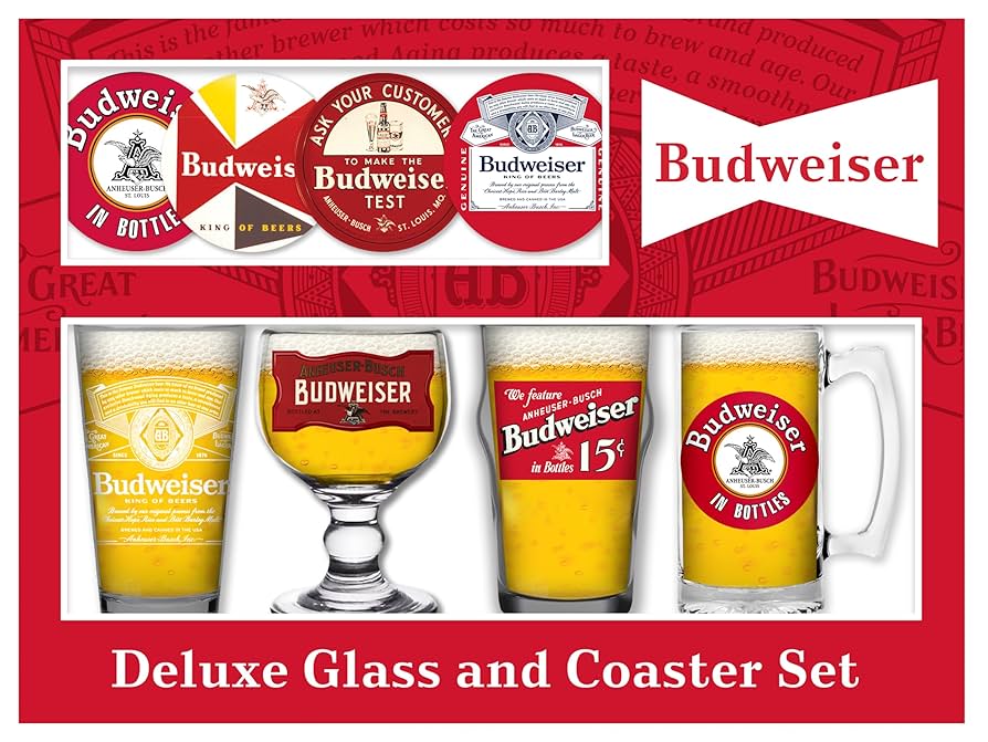 Amazon.com: Budweiser 4 Beer Glass and Coaster Deluxe Gift