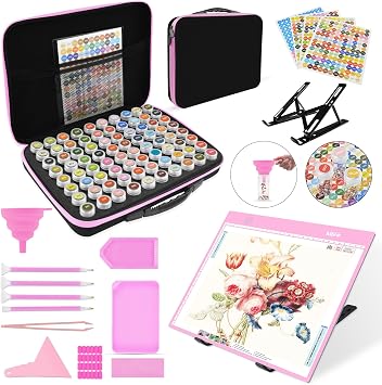 Mlife Diamond Art Painting Storage Boxes,1 Diamond Painting A4 Light Box Tracing Light Board with 3 Brightness, 80 Slots Bead Storage with 5D Diamond Art Accessories and Tools KitLight-Pink