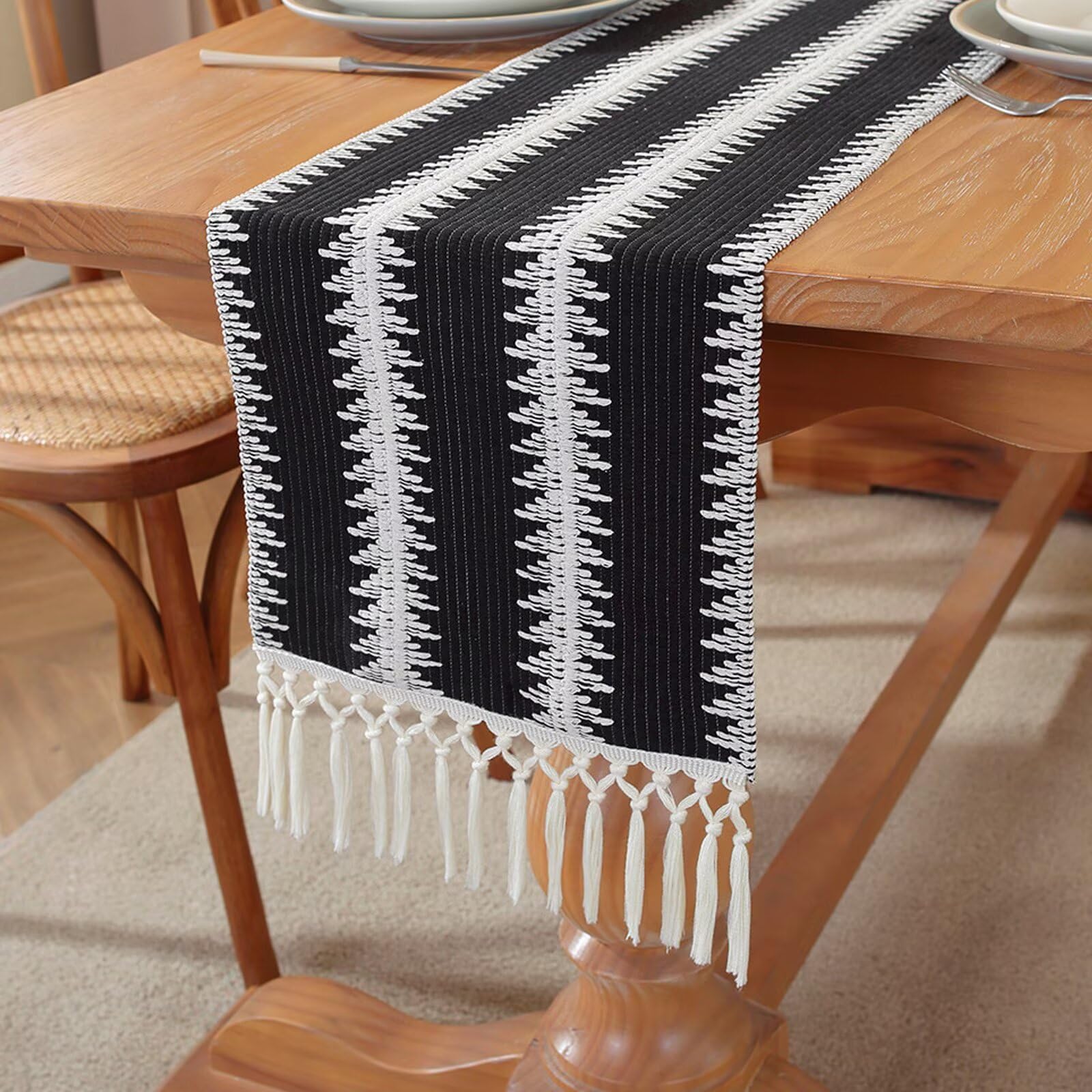 Ręcznie tkany bieżnik z bawełny i juty z frędzlami, rustykalny styl wiejski do kuchni artystycznej(Black Stripes,200cm)