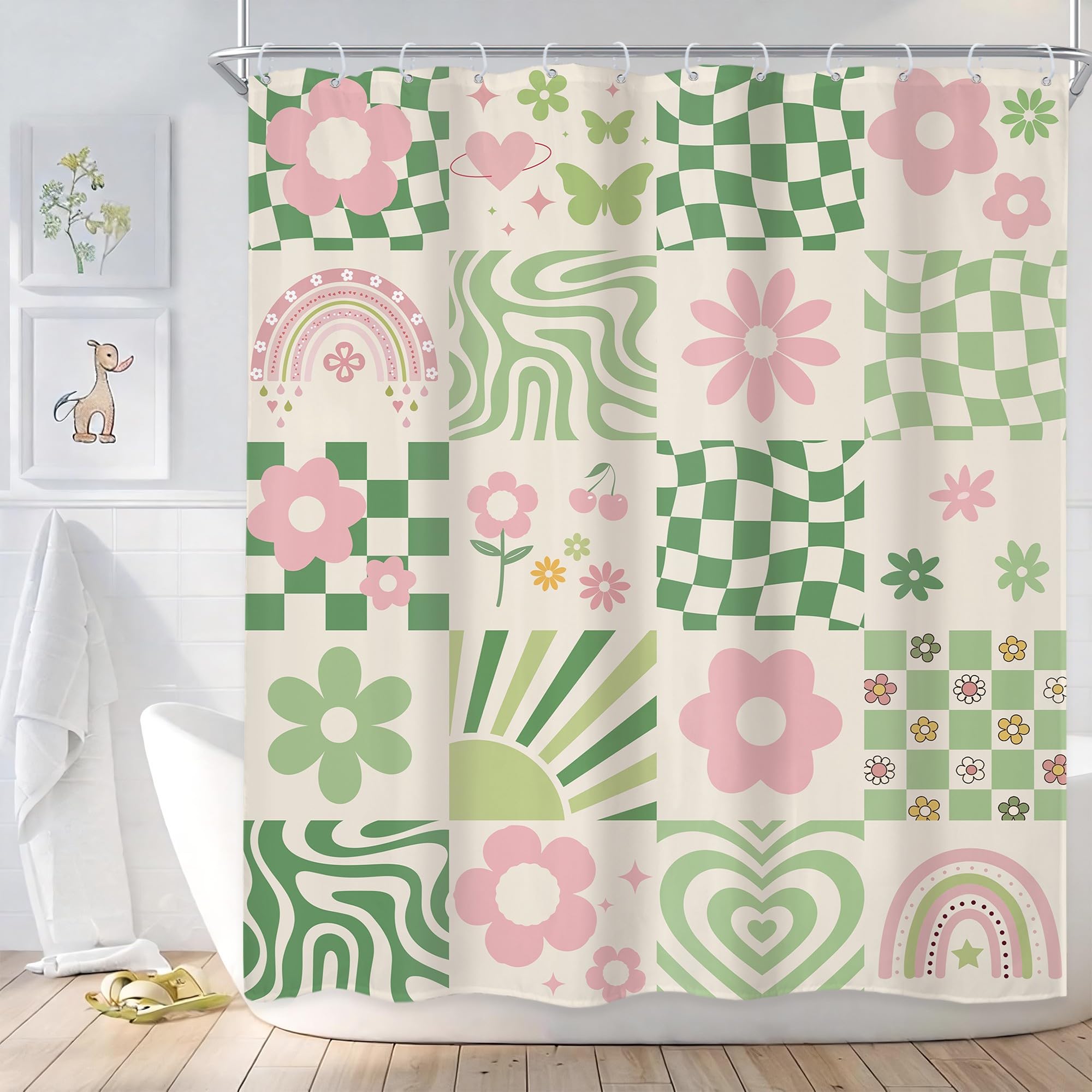 Newsely Retro Cute Green Pink Flower Shower Curtain 60Wx72H Inch Abstract 70s Danish Pastel Checkered Aesthetic Rainbow Groovy Bathroom Set Girls Waterproof Bath Decoration Accessories Home Decor