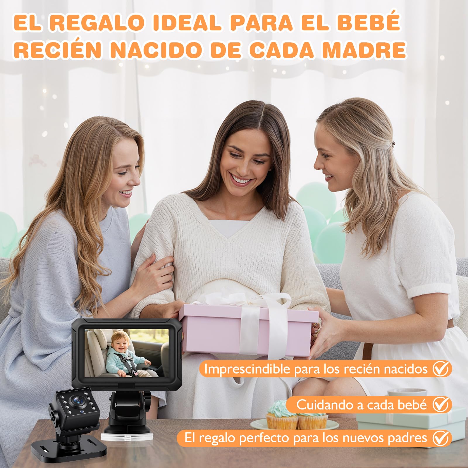 Zacro Cámara Bebé Coche Asiento Trasero HD 1080P, Espejo Retrovisor Camara Bebe Pantalla 4.3'', USB-C Plug and Play Monitores de Bebé para Coche con Visión Nocturna, Ángulo de Visión Amplio