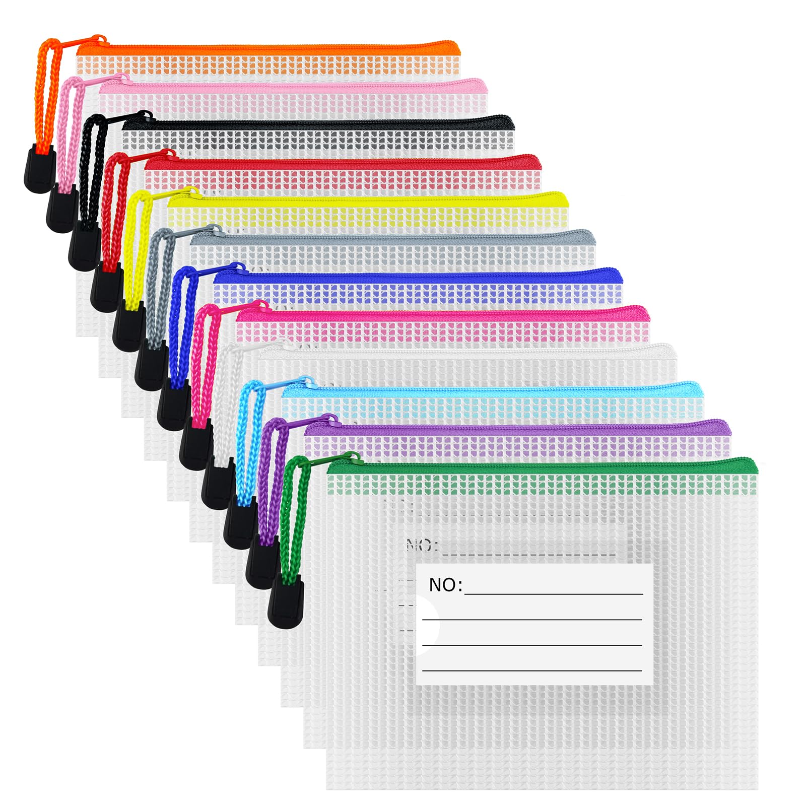 AUSTARK Plastic Mesh Zipper Pouch, 12Pcs Zipper File Bags with Label Pocket, Game Boards Storage Bags, Waterproof Document Storage Bags for Office Home Travel Cosmetic (A6 Size 6.3x4.7 in)