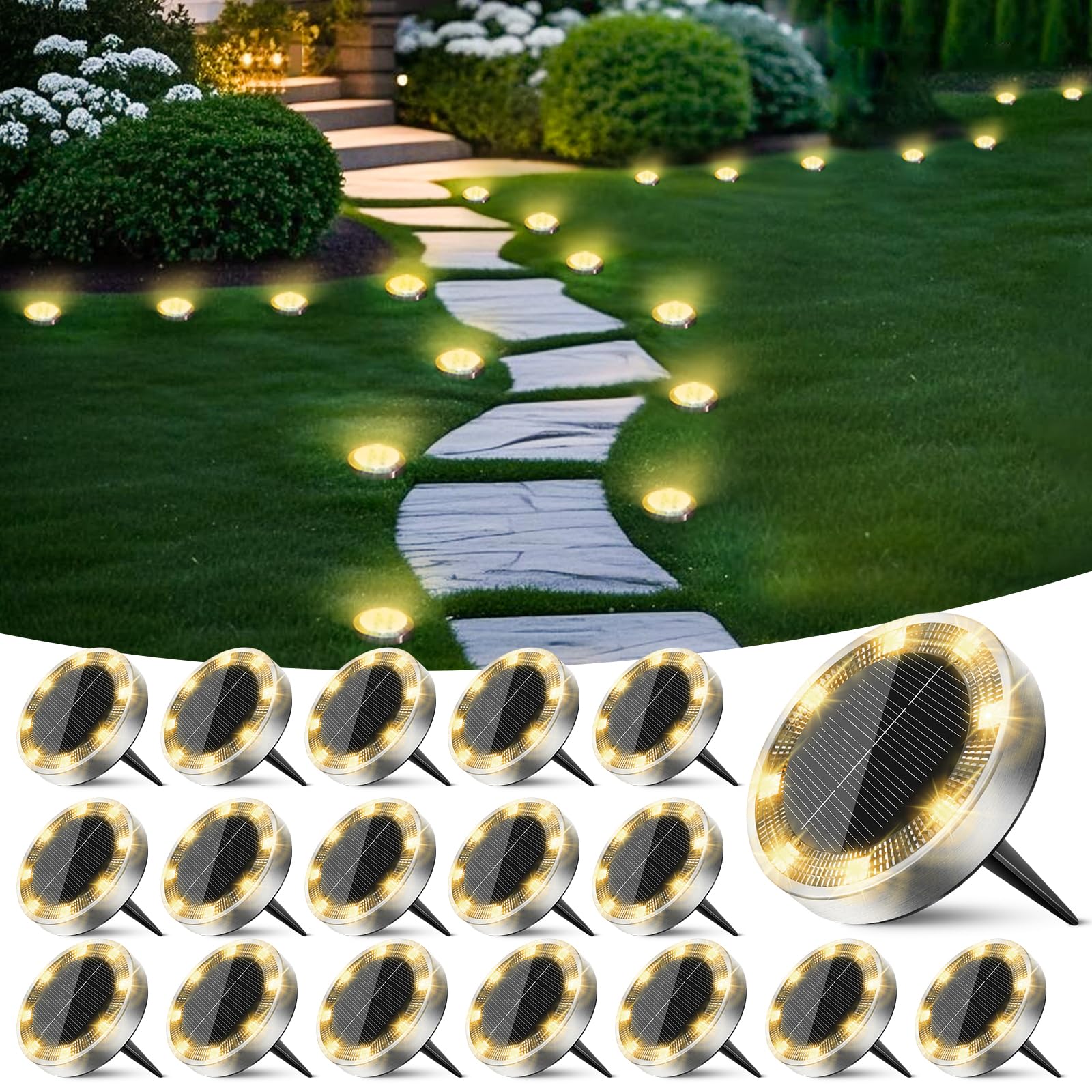 Peasur Solar Ground Lights Outdoor, 18 Pack Flat Solar Powered Disc Lights, IP68 Waterproof, Anti-Rust, Landscape Lighting for Pathway Garden Yard Lawn Walkway Landscape Driveway, Mini, Warm White