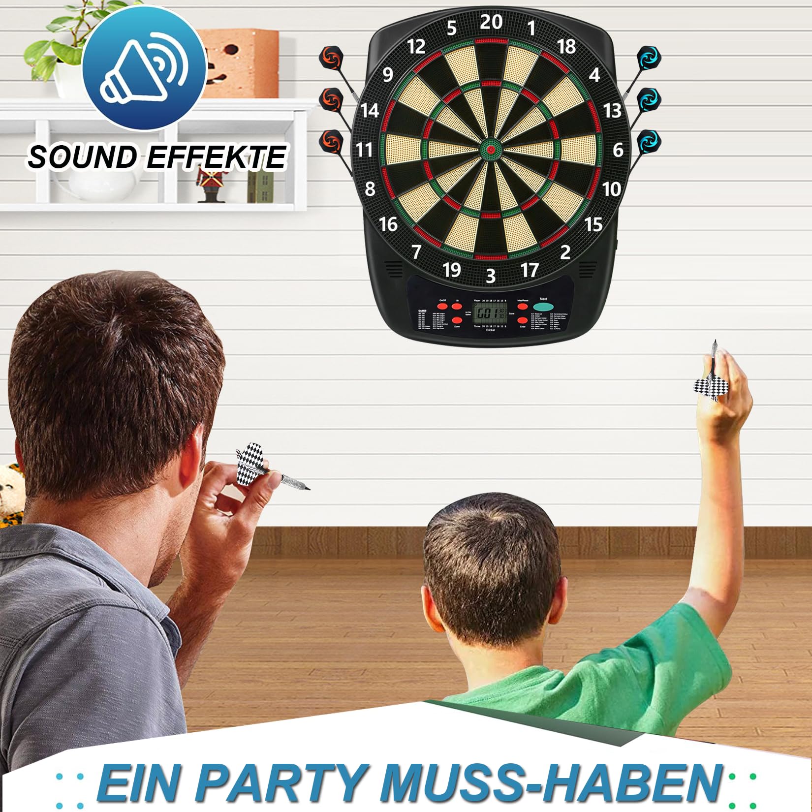Cible de fléchettes électrique électronique avec annonces vocales, Affichage LCD, 6 fléchettes, 32 Jeux 590 Options de Jeu, Jeu Professionnel pour la Maison, Les fêtes, Le Jardin, Le Bar, 1 à 8