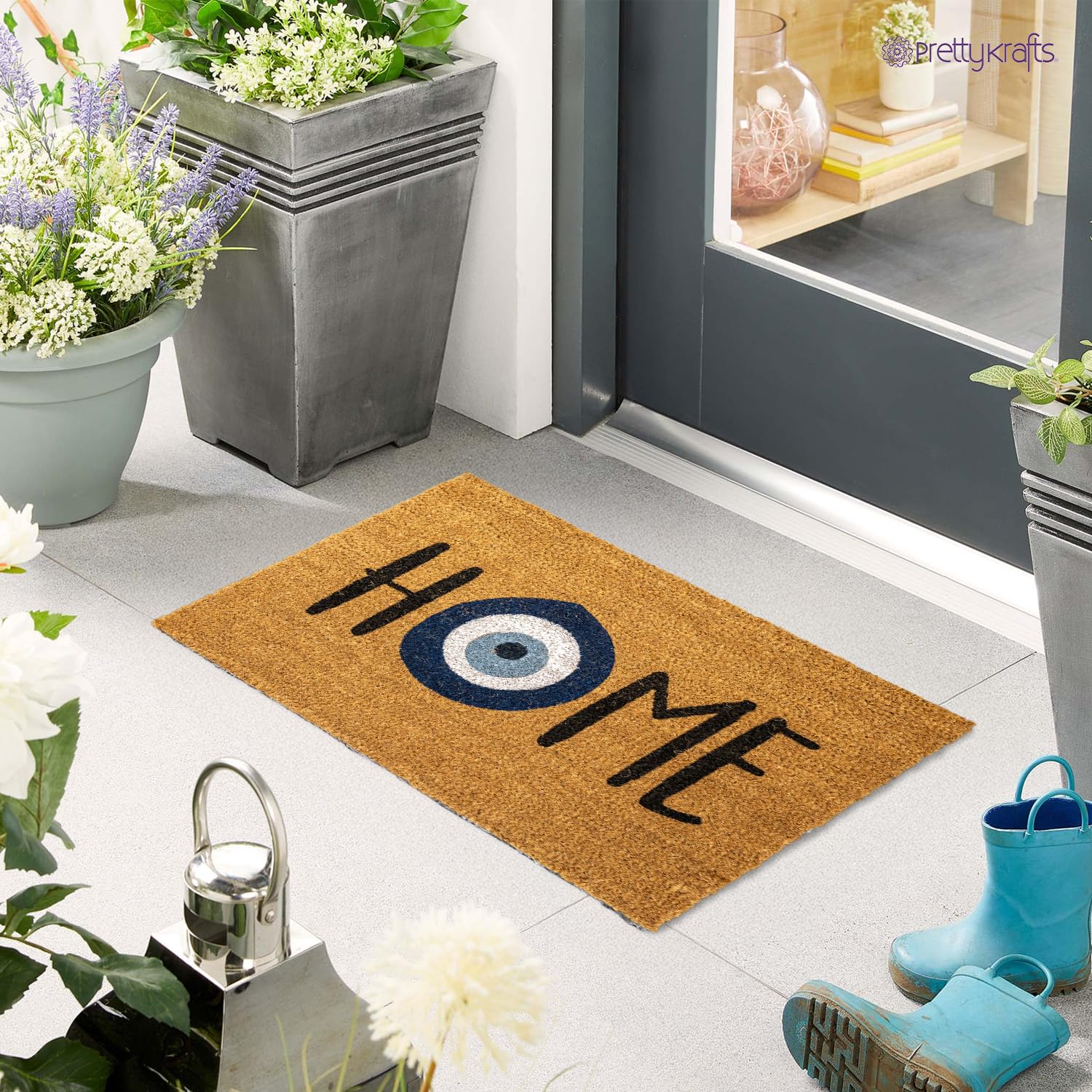 PrettyKrafts Coir Door Mats for Home, Anti-Slip Door Mat, Anti-Skid Evil Eye floormat, Door Mat for Home Entrance Large, Entry Floor Mat for Indoor or Outdoor Use (60x40x15 cm)