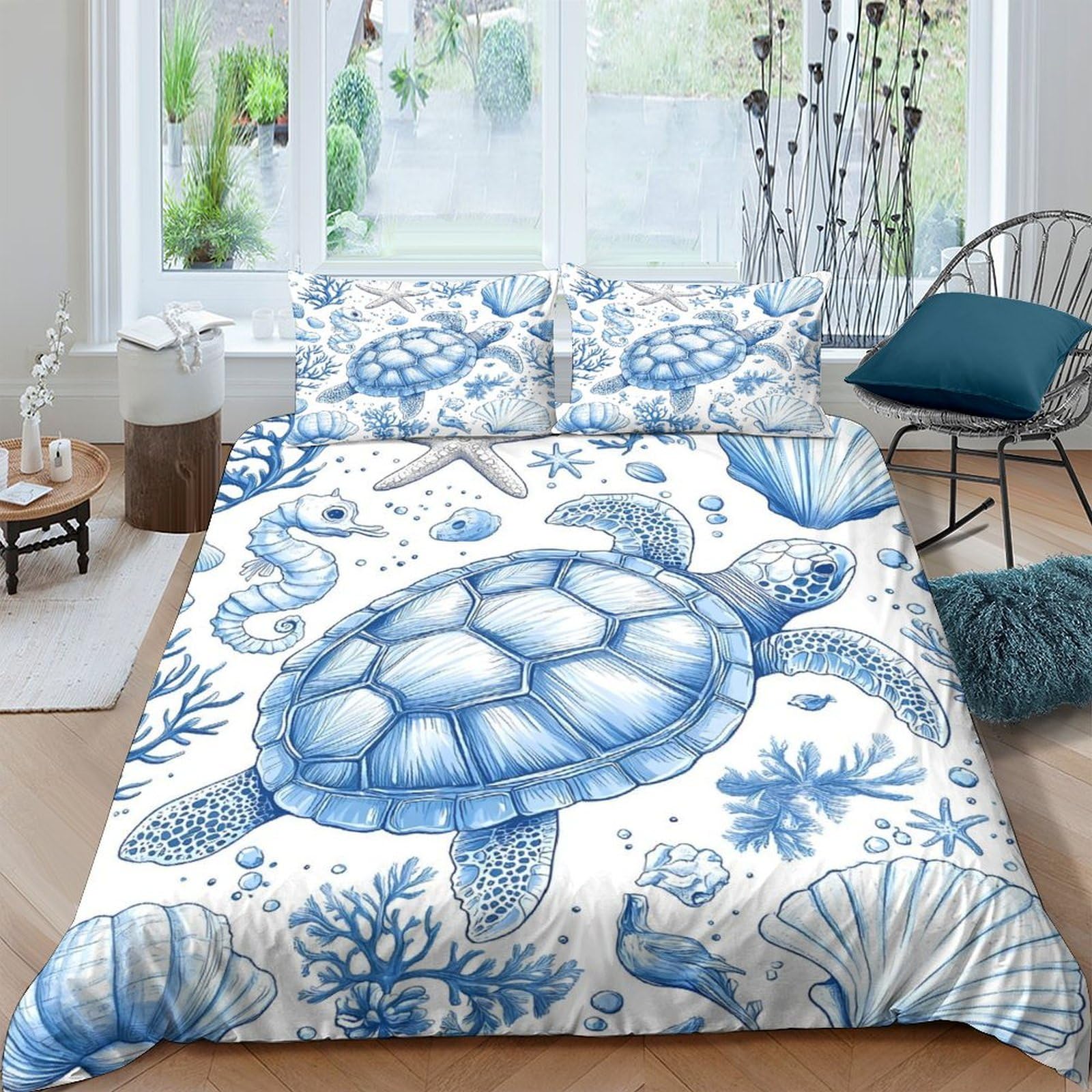 GPLZQXKJNH 3D Printed Blue Sea Turtle Duvet Cover Microfiber Soft Coral Ocean Bedding Set with 2 Pillowcases for Bedroom Décor Single（135x200cm）