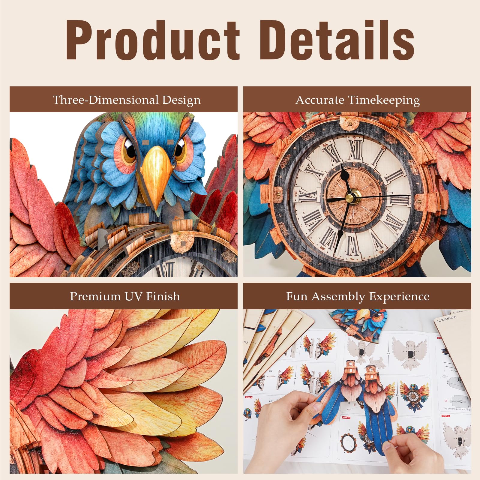 Lilcubics 3D Wooden Parrot Clock Puzzle for Adults Mechanical 3D Building Model Kit with Pendulum & Chime - Image 3