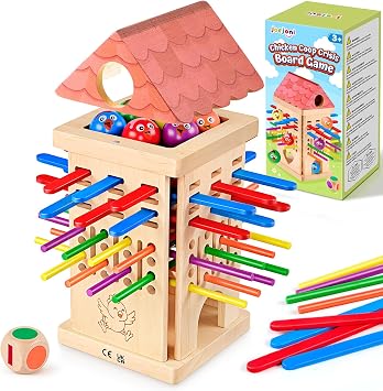 Happy Chickens Wooden Board Game, Montessori Educational Toy for Kids Ages 3+, 20 Sticks & 14 Bars, Fine Motor Skills Training, Family & Travel Game, Children s Gift