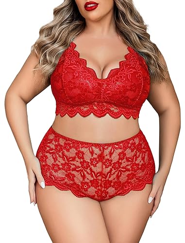 Avidlove Plus Size Lingerie Set for Women Sexy Lace Halter Bralette High Waist Panty Set - Red
