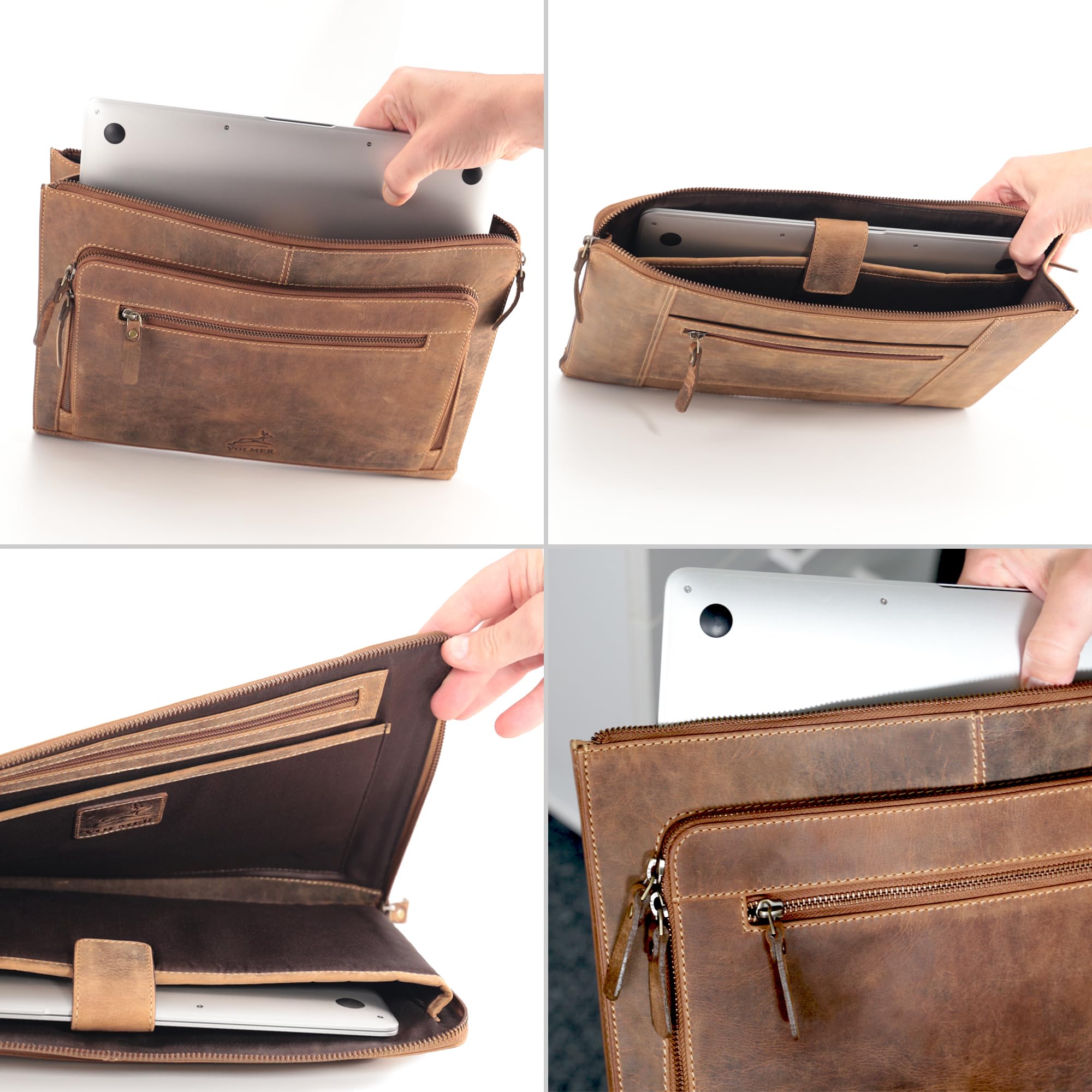 Fa.Volmer ® braune Laptop-Tasche aus echtem Büffel-Leder für MacBooks, Notebooks, Laptops und Tablets bis zu einer Größe von 14″ | Aktentasche A4 | Modell: Riverside