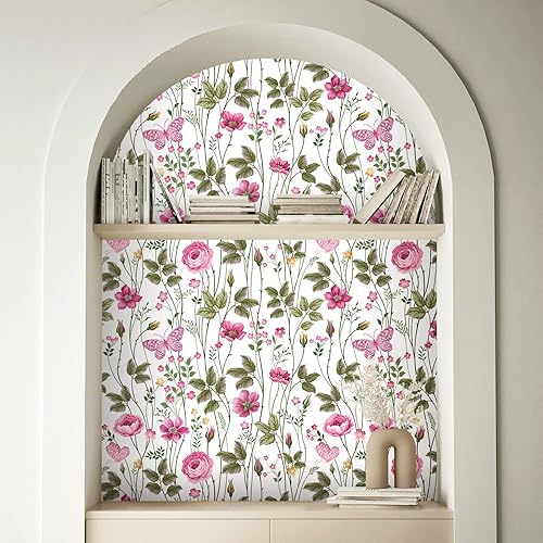 Miniatura 7 de CRE8TIVE Papel tapiz floral rosa, 24 x 118 pulgadas, papel tapiz autoadhesivo y extraíble para habitación de niñas, baño y aparadores