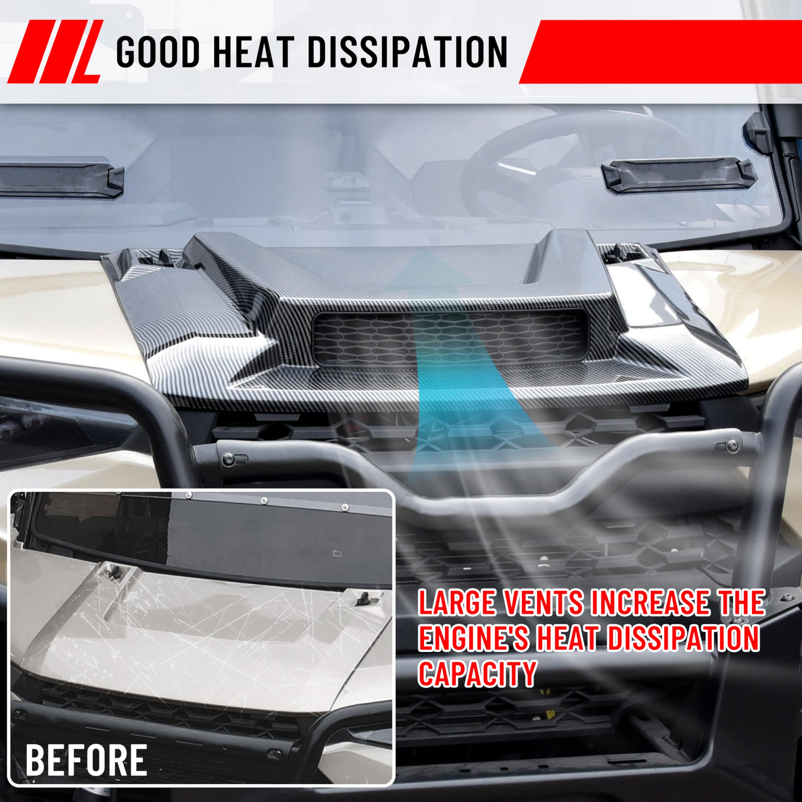 SAUTVS Sport Hood Scoop Kit for Polaris Ranger XP 1000/ Crew XP 1000 18-24, Carbon Fiber Pattern Turbo Hood Scoop with Mesh Grill for Polaris Ranger XP 1000/ Ranger 1000 XP Crew 2018-2024 Accessories