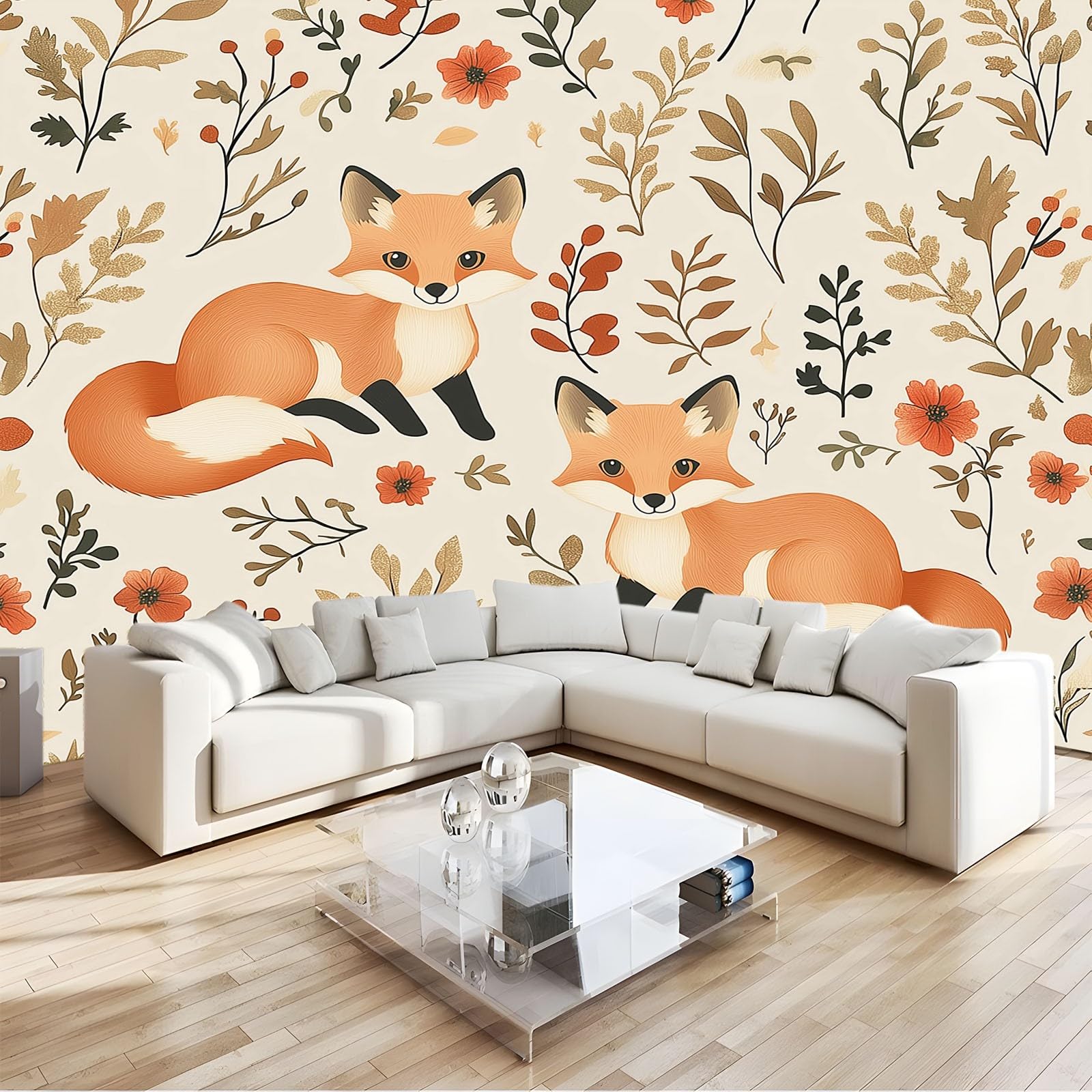 Fototapeta 300 x 210 cm Zwierzęta Lisy Kwiaty Nowoczesne Rośliny Dekoracja ścienna Plakat Projekt Włóknina Dekoracja ścienna do salonu Sypialni, Beżowy