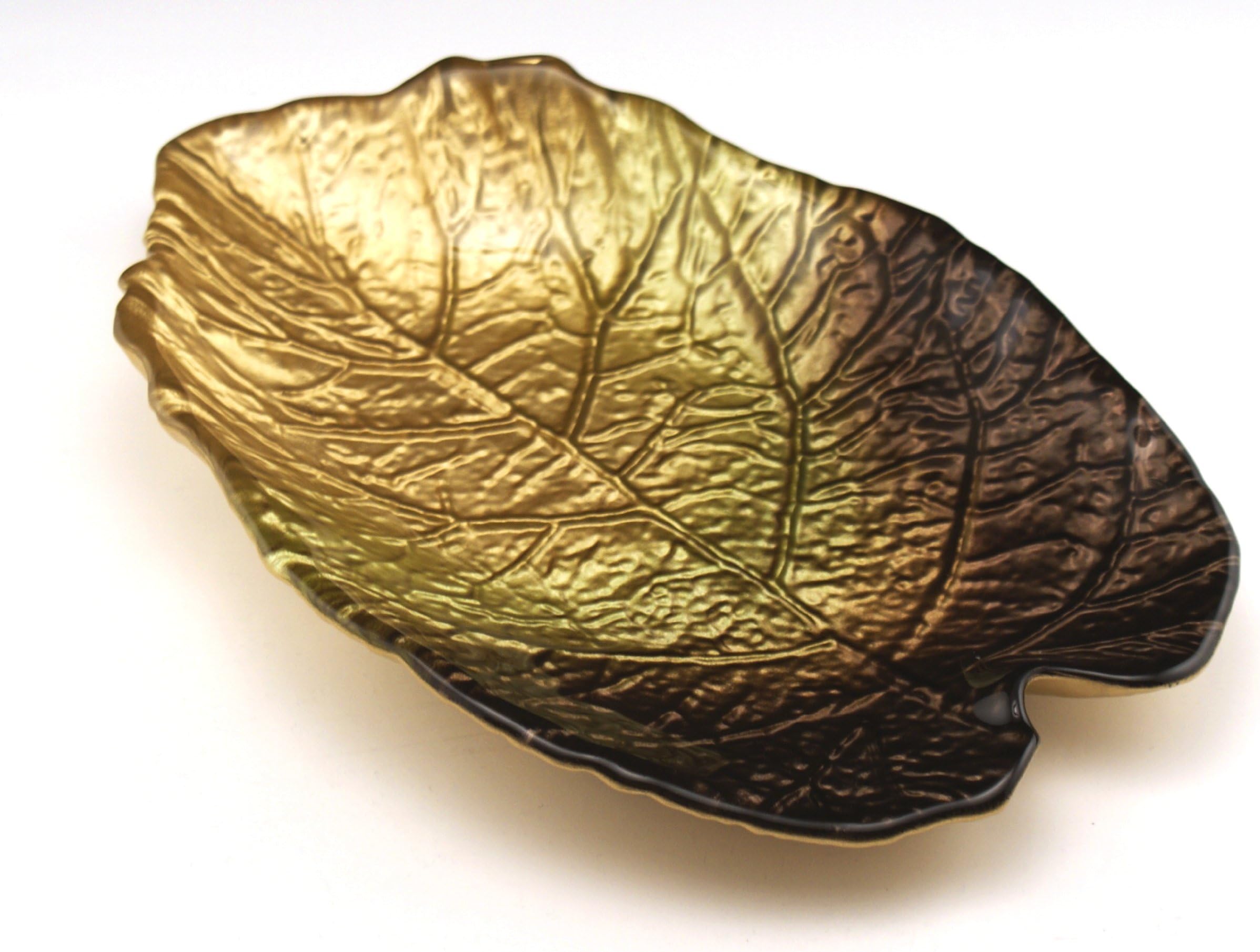 Arda Mulberry Leaf 6-Inch By 11-Inch Leaf Tray, Metallic Golden/Green/Brown, Set of 2