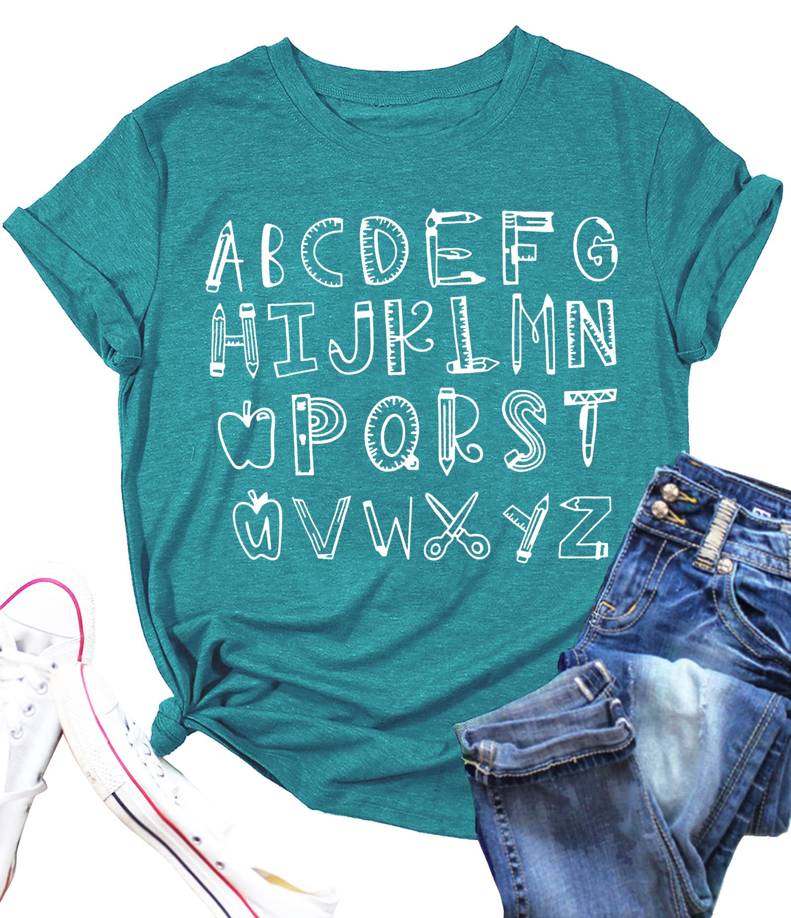 Teacher Shirt Women Alphabet Teaching Graphic Tee Tops Kindergarten Teachers Gift T-Shirts