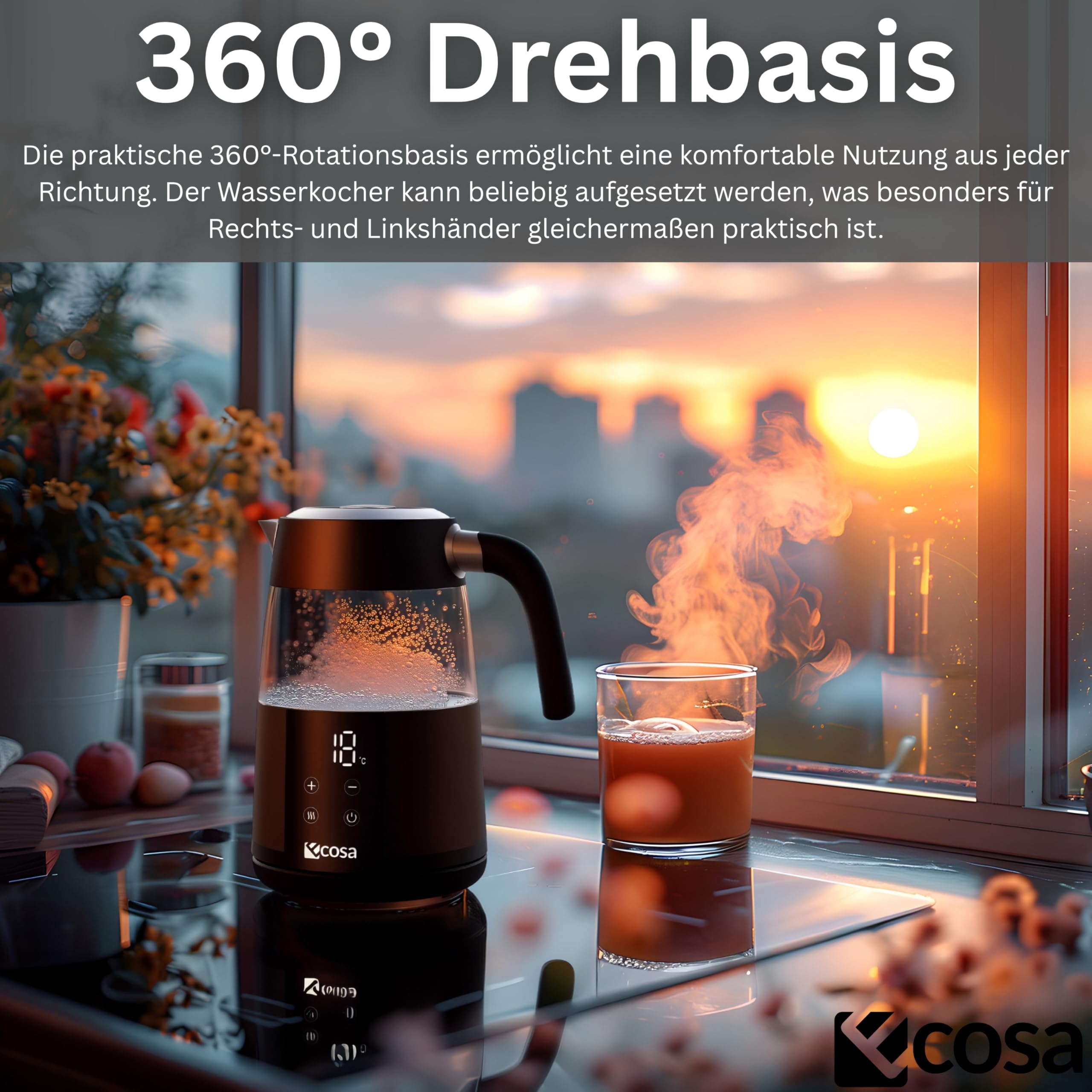 Ecosa® Czajnik elektryczny z regulacją temperatury, szkło, stal nierdzewna, 2200 W, 1,7 litra, bez BPA, z wyborem temperatury 40°C - 100°C, funkcja utrzymania ciepła, cyfrowy czujnik, ekran dotykowy