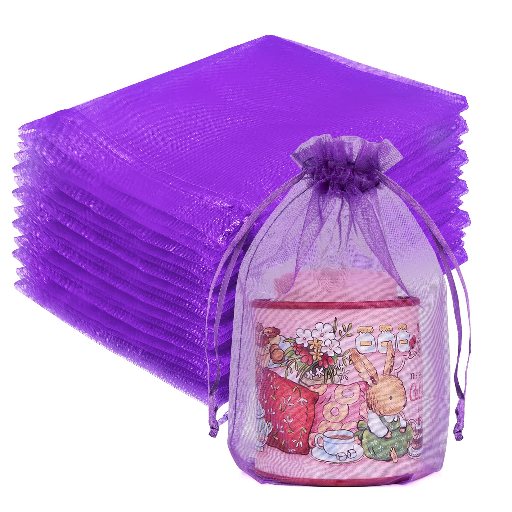 Crweety 50Pcs Organza Bags 5x7, Purple Small Mesh Gift Bags Drawstring Bulk