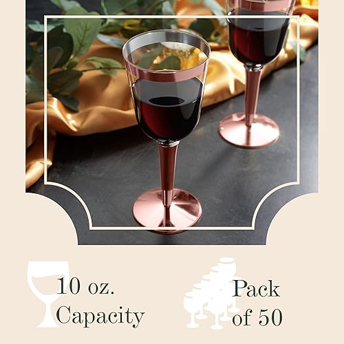 Miniatura 4 de 50 copas de vino desechables de plástico con borde de oro rosa, tamaño grande, 9.98 oz. BloominGoods - Vasos para bodas y eventos (50 unidades,