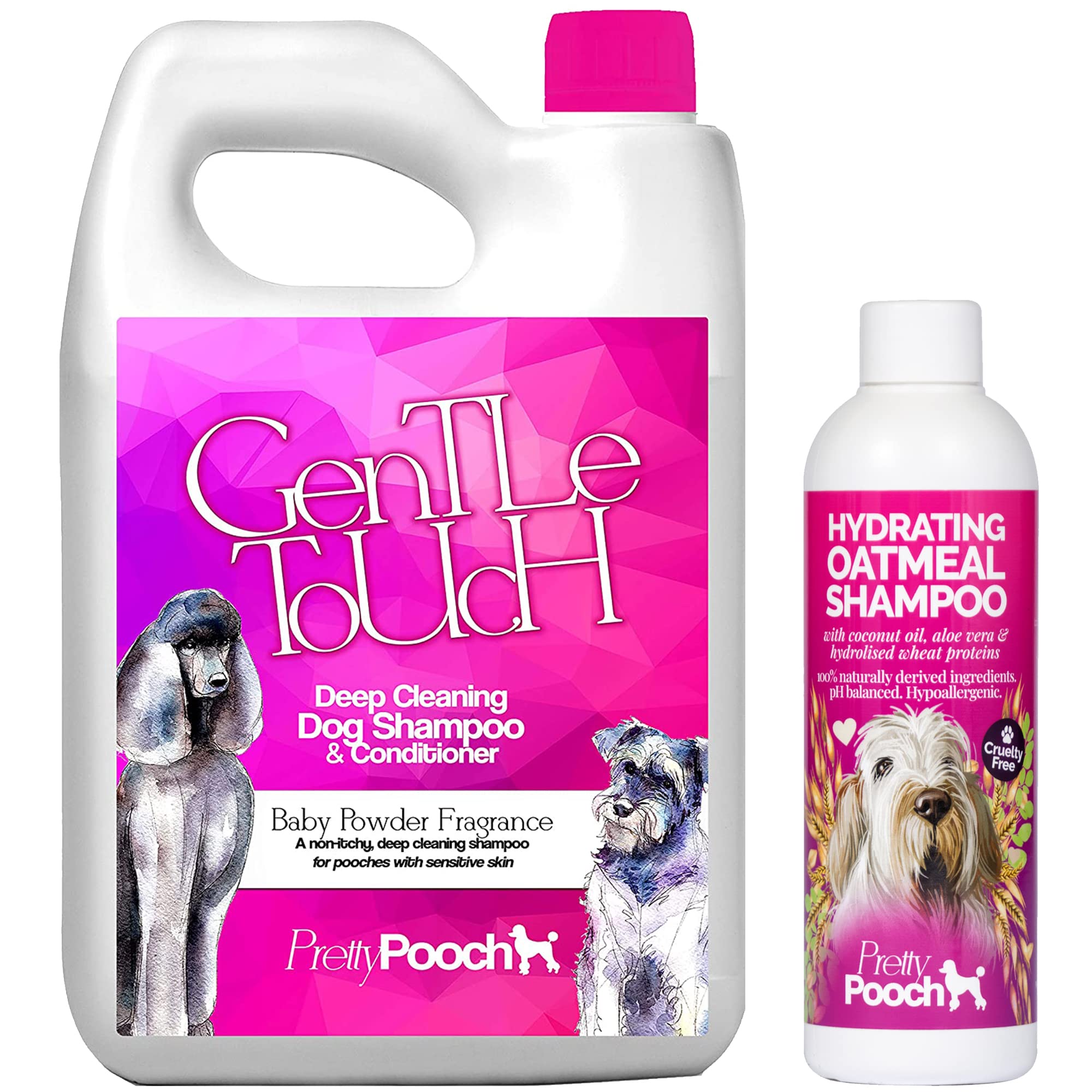 Pretty Pooch Baby Powder Fragrance Dog Shampoo 2 Litres & Hydrating Oatmeal Dog Shampoo 250ml - Suitable for Sensitive Skin & All Dog Breeds