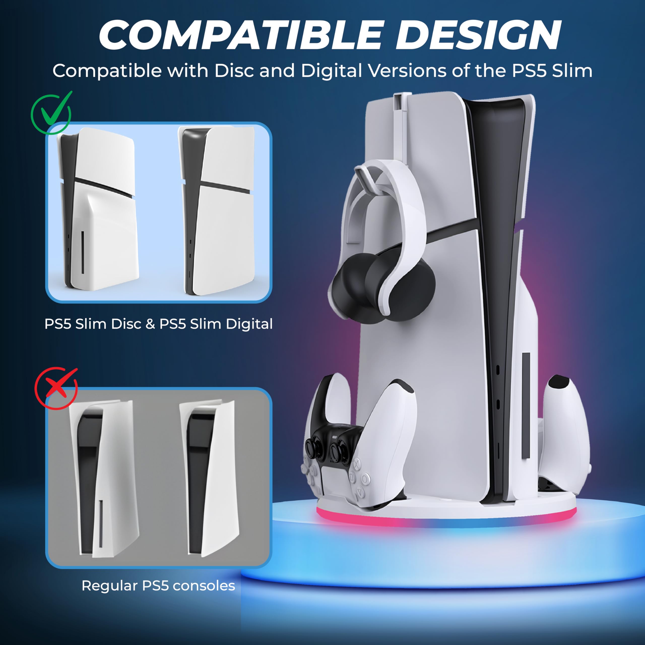 Soporte con Cargador de Controlador Dual para PS5 Slim – PlayStation 5 – Base con Base de Carga para Controlador Dual y Soporte para Auriculares – Iluminación RGB – Carga rápida – para Doble Sense y