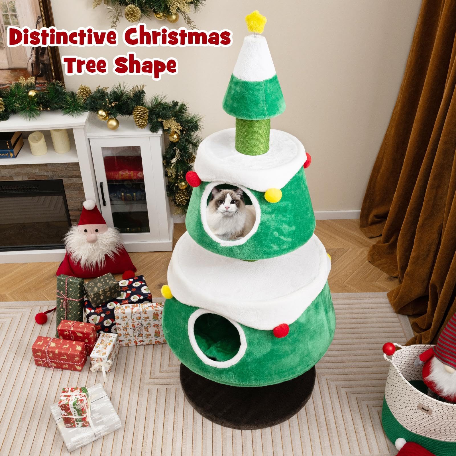 SOARS Árbol Rascador de Navidad para Gatos 153 cm, Grande Con Cama, Cojín Extraíble, Poste Rascador, Bolas de Pelo y Juguete Estrella