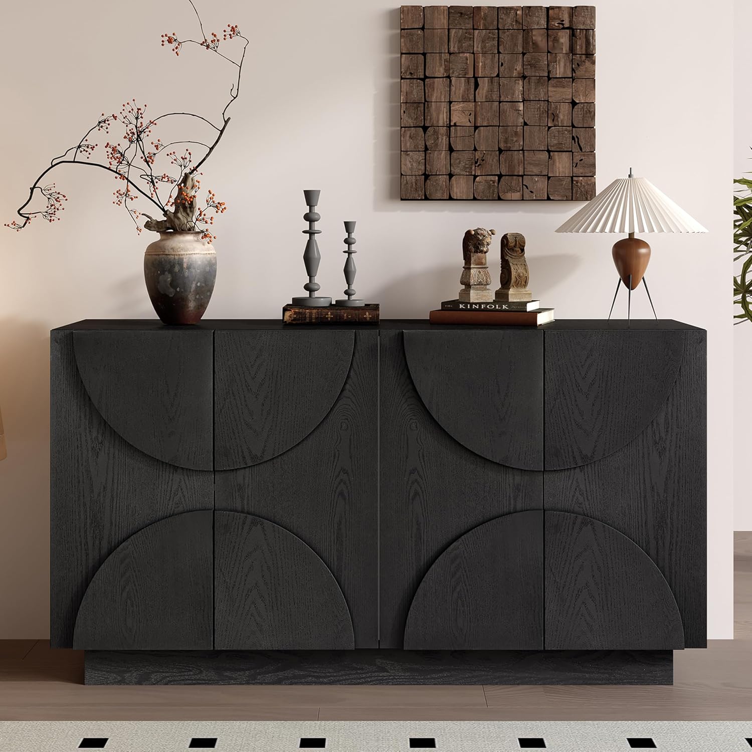 Farmhouse Buffet Sideboard Table Rustic Storage Cabinet with 4 Semi-Circle Doors Adjustable Shelves for Kitchen Dining Living Room Entryway 56 Inch Natural