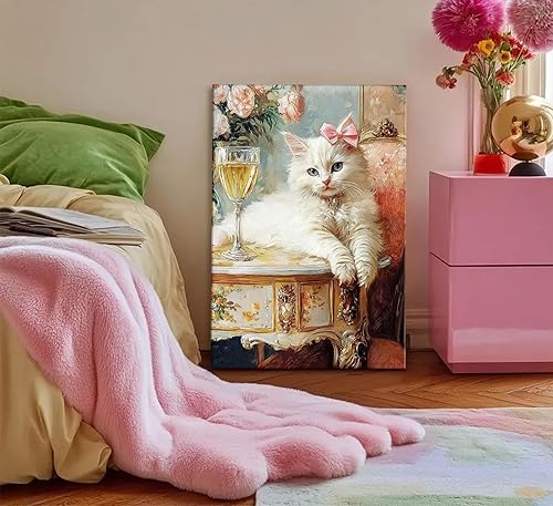 Miniatura 6 de Elegante lienzo vintage para pared, diseño de gato blanco caprichoso, divertido y retro, cuadro de carrito de bar, pintura ecléctica de animales,